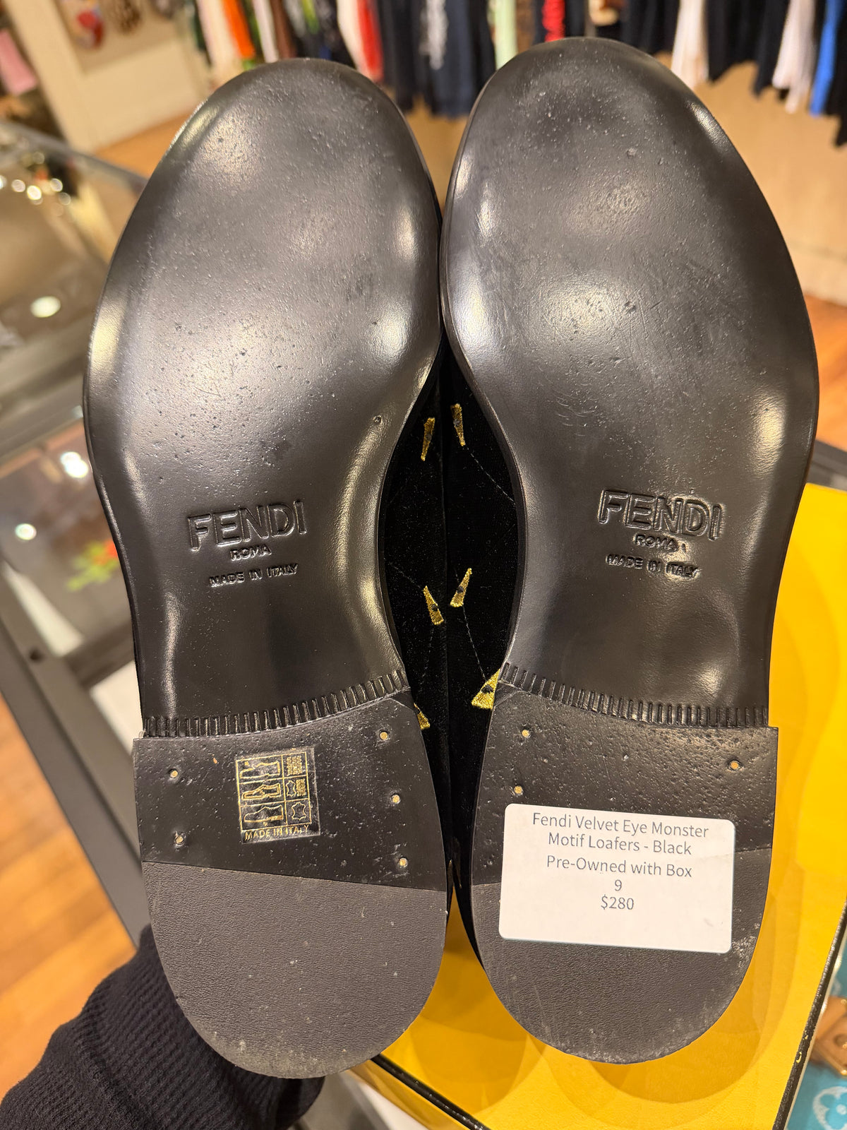 Fendi Velvet Eye Monster Motif Loafers
