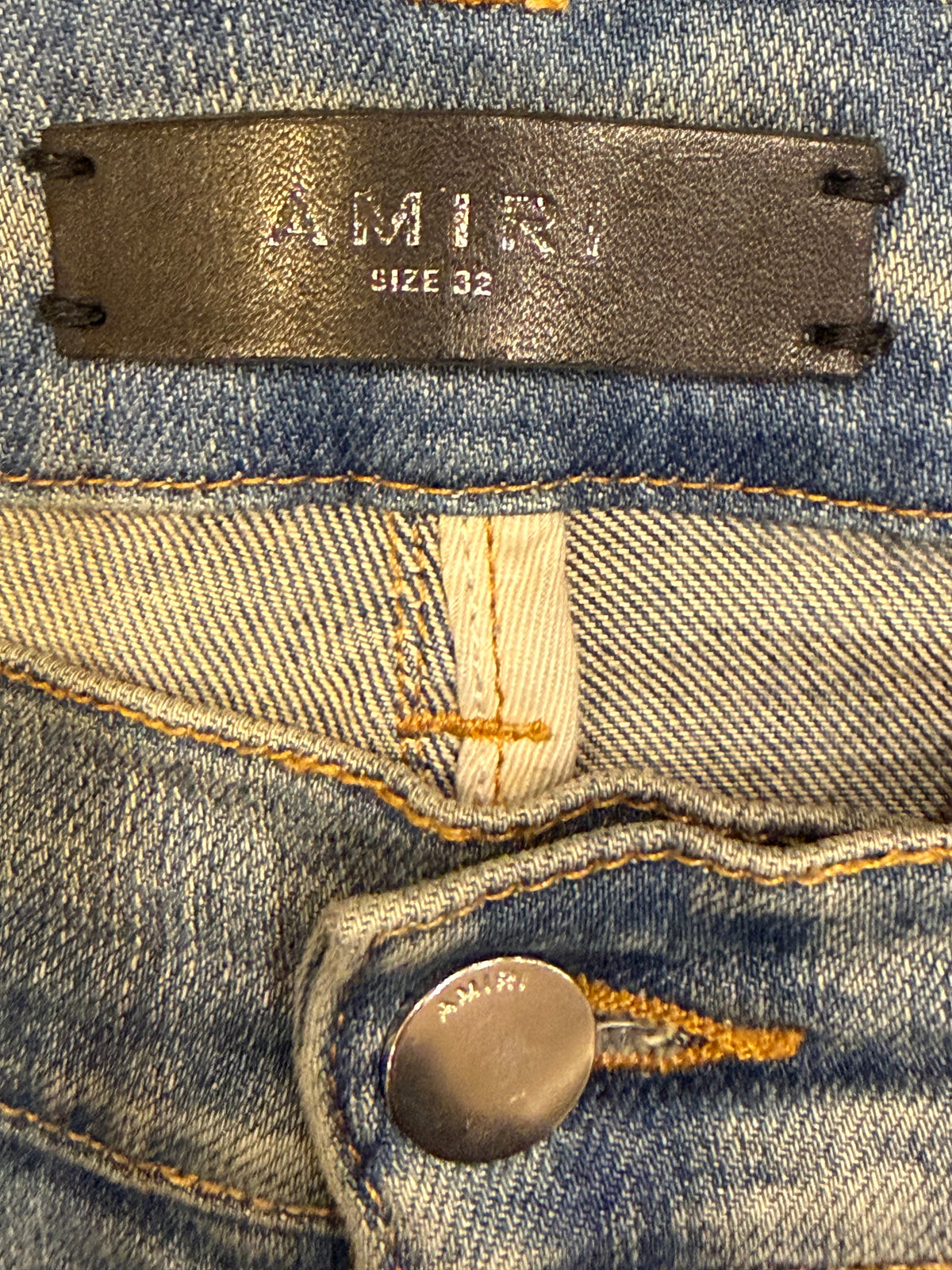 Amiri MX1 Distressed Skinny Jeans - Light Wash/Orange Patches