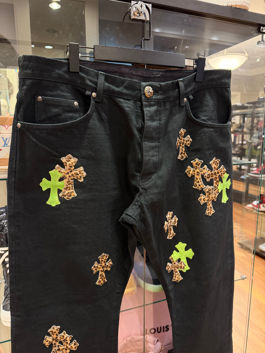 Chrome Hearts Leopard & Green Cross Patch Denim Jeans - Black
