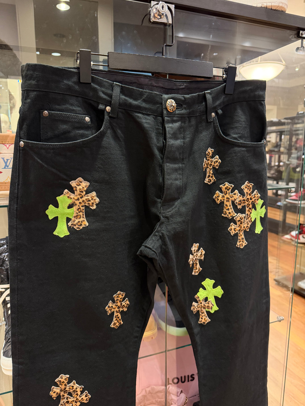 Chrome Hearts Leopard & Green Cross Patch Denim Jeans - Black
