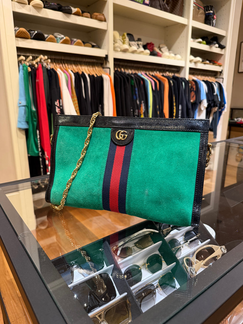 Gucci Medium Suede Web Ophidia Chain Crossbody