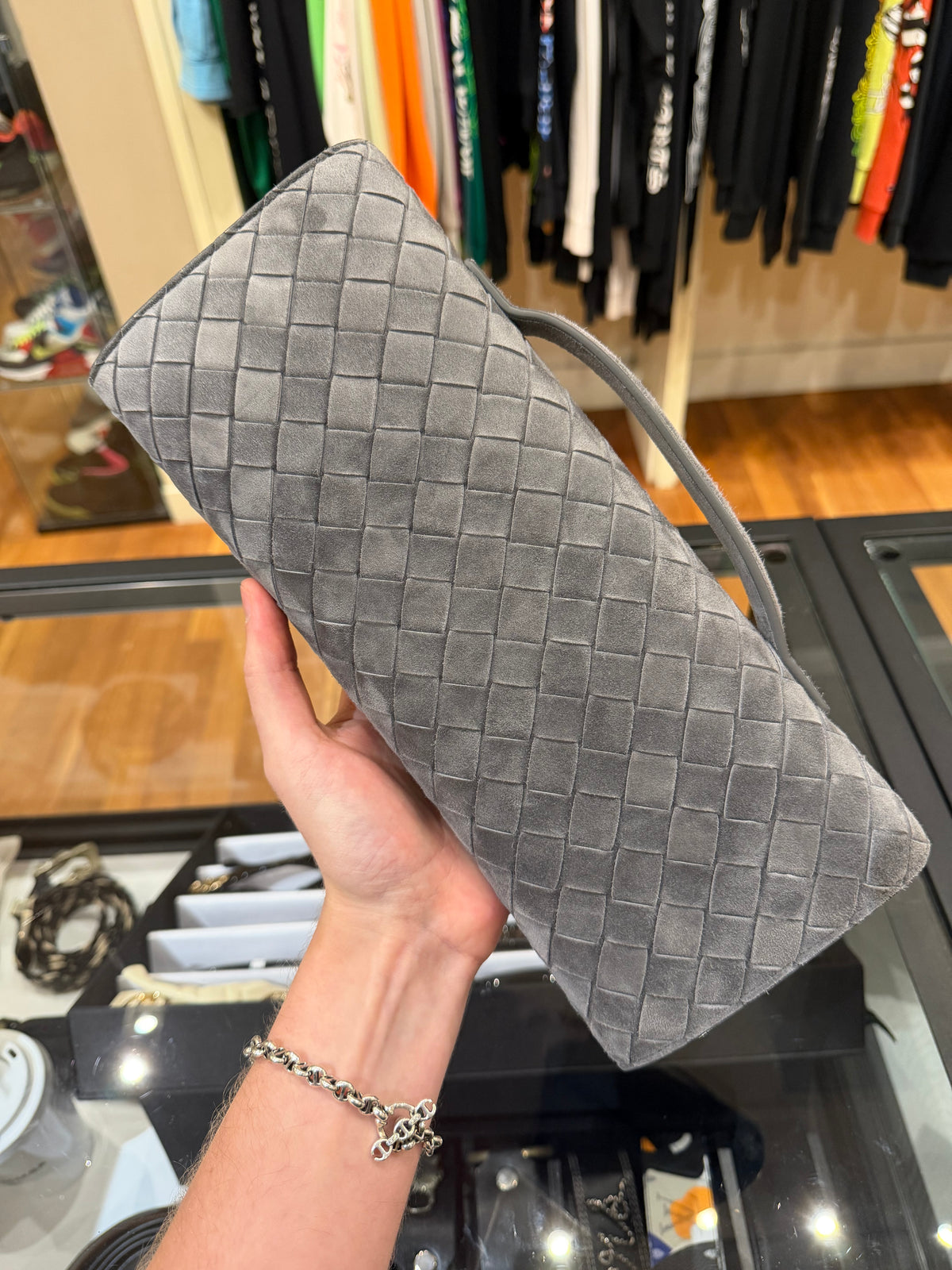 Bottega Veneta Andiamo Suede Leather Clutch Bag Obsi Grey