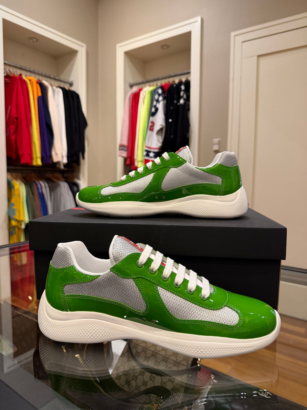Prada America’s Cup Patent Leather & Technical Fabric Sneakers - Green