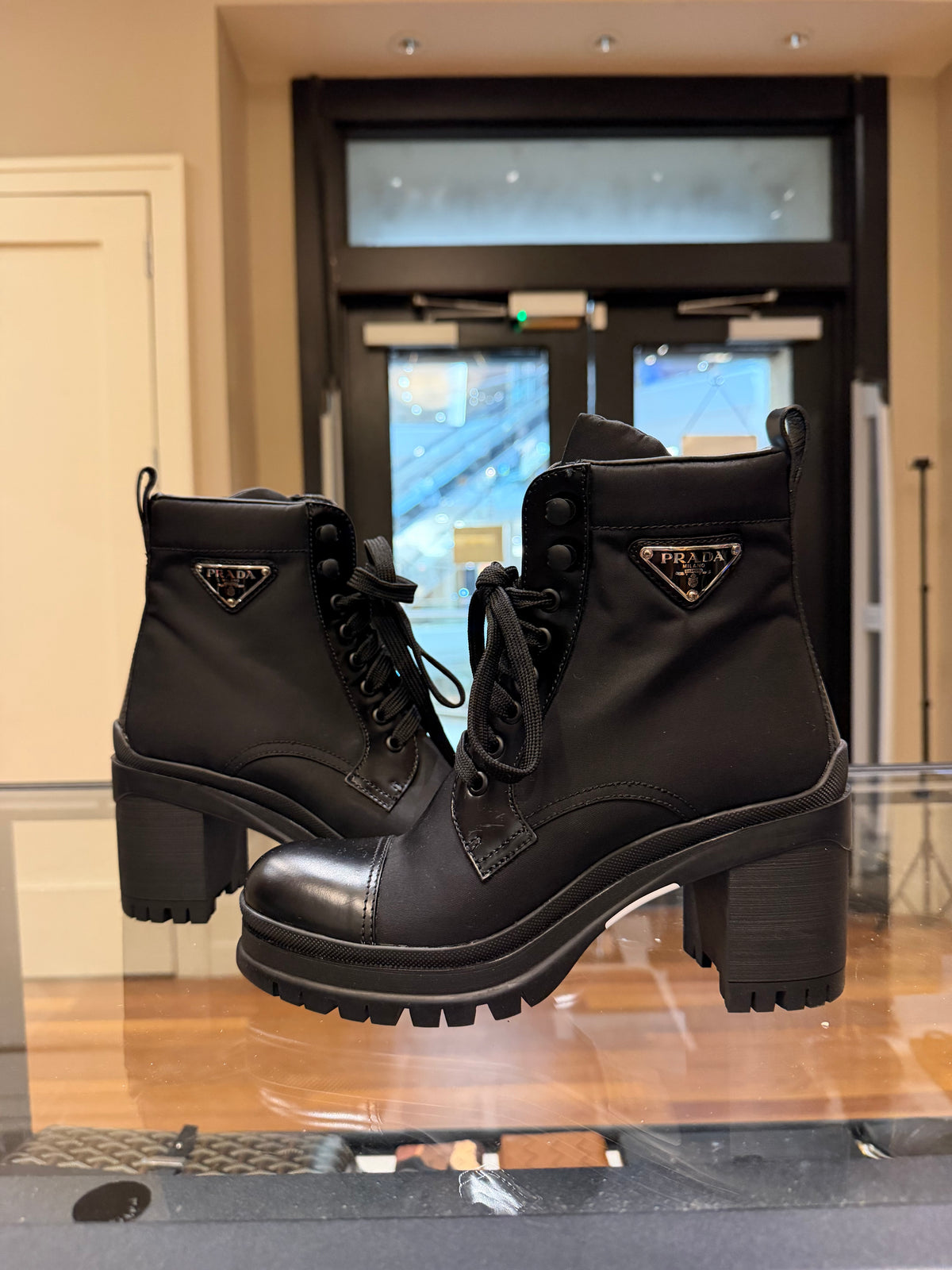 Prada Nylon Leather Block Heel Combat Boots - Black