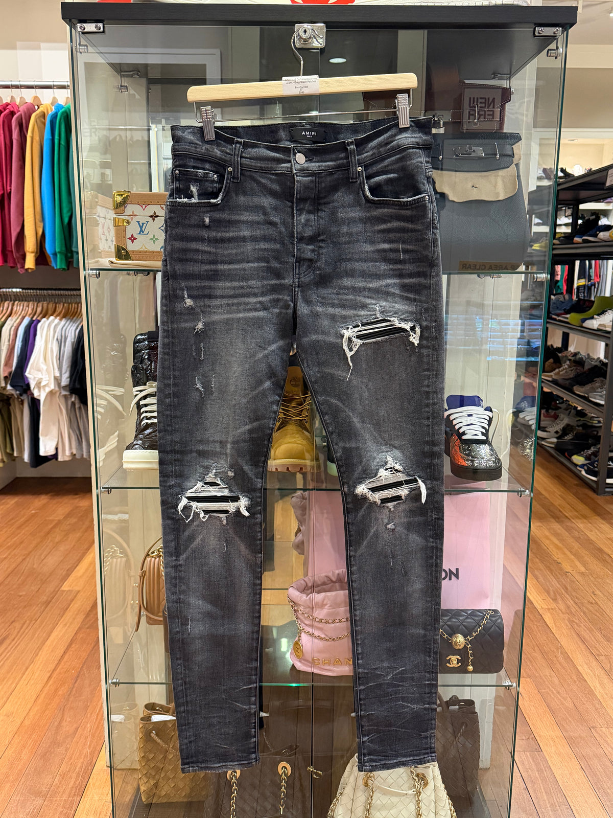 Amiri MX1 Distressed Skinny Denim Jeans - Grey/Black Patches