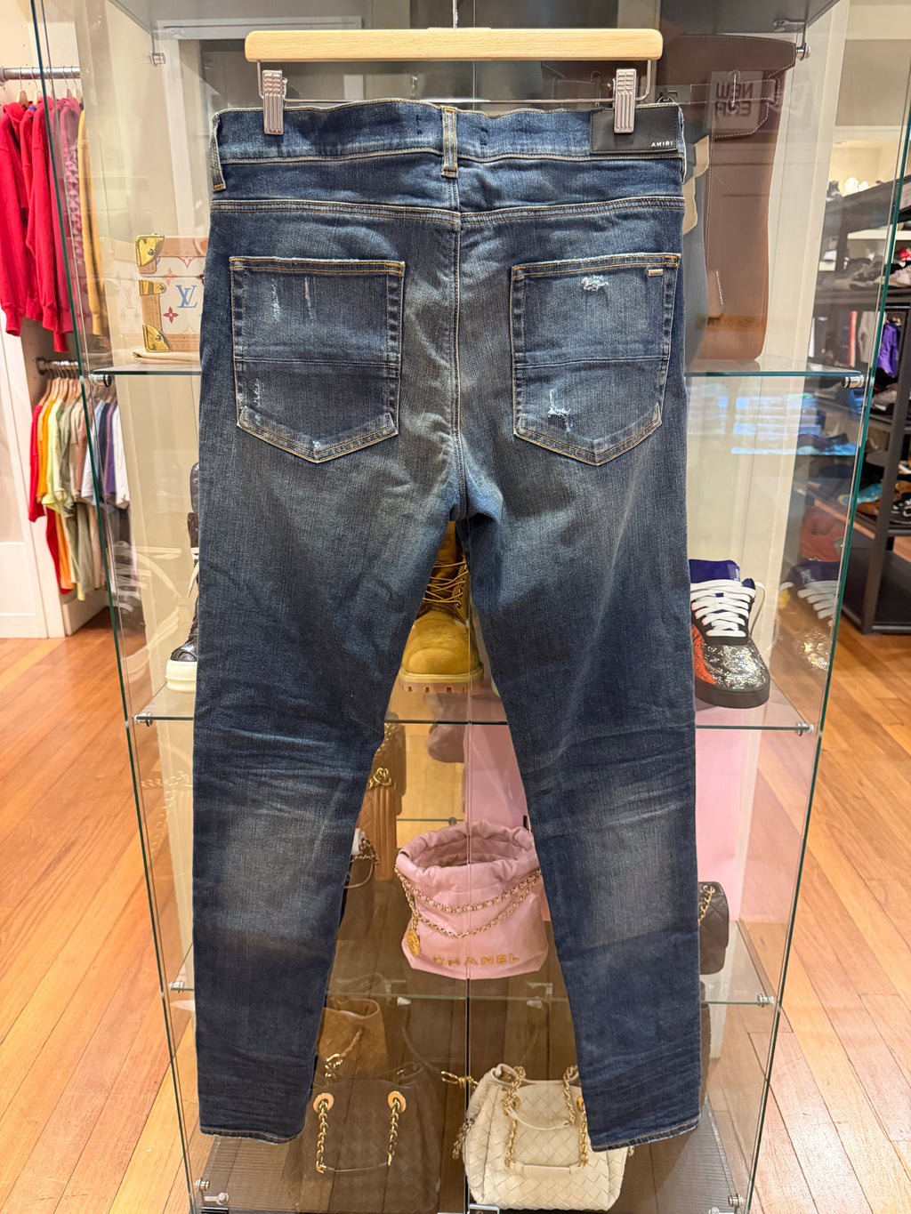 Amiri MX1 Distressed Skinny Jeans - Indigo/Black Patches
