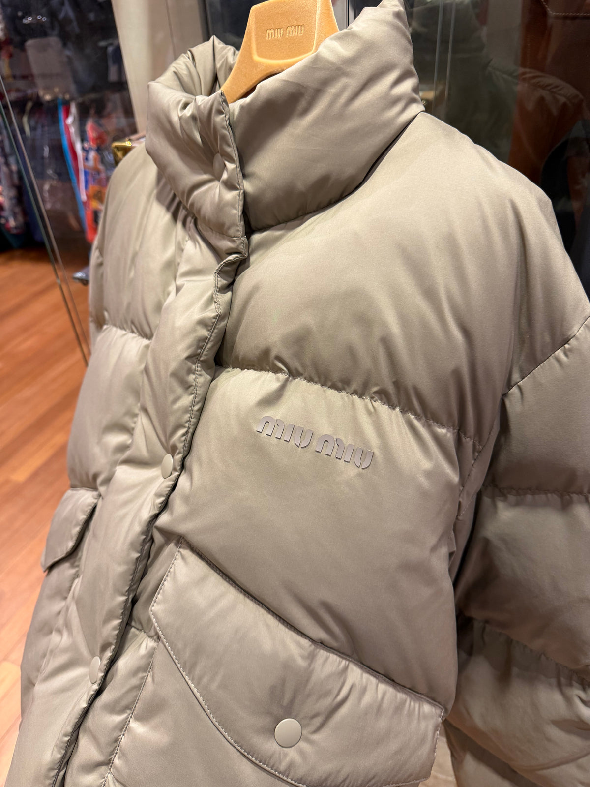 Miu Miu Medium Weight Technical Pongé Down Jacket - Beige
