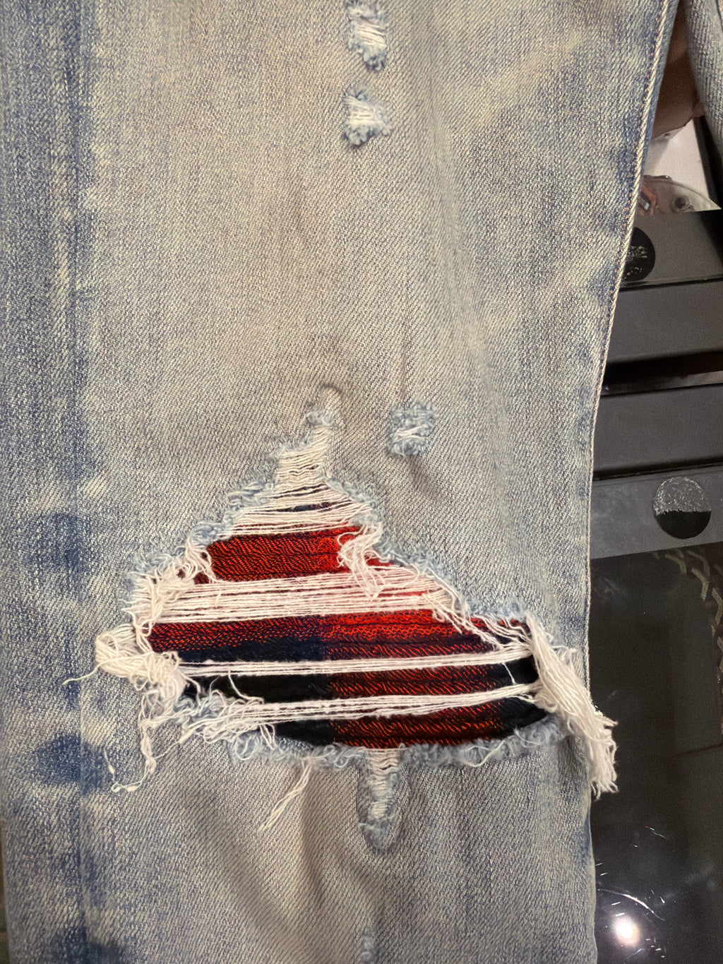 Amiri MX1 Distressed Skinny Jeans - LightWash/Flannel Patches