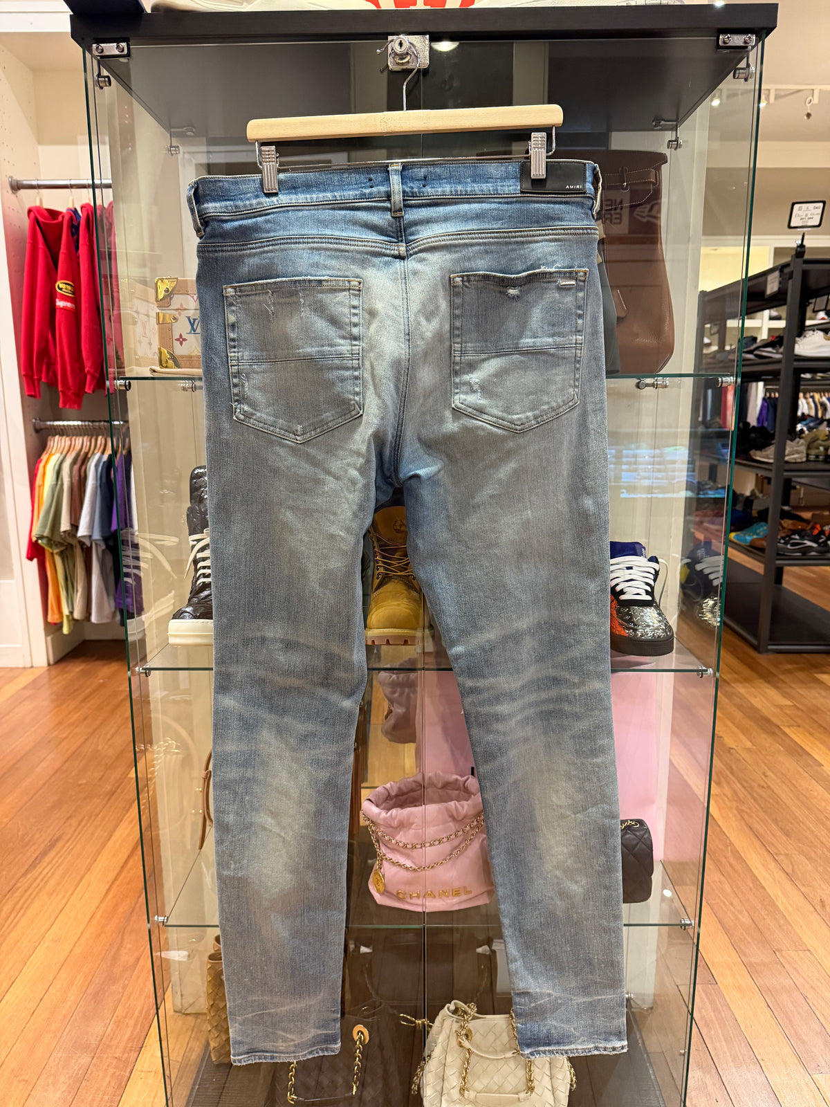 Amiri MX1 Distressed Skinny Jeans - Light Wash/Orange Patches