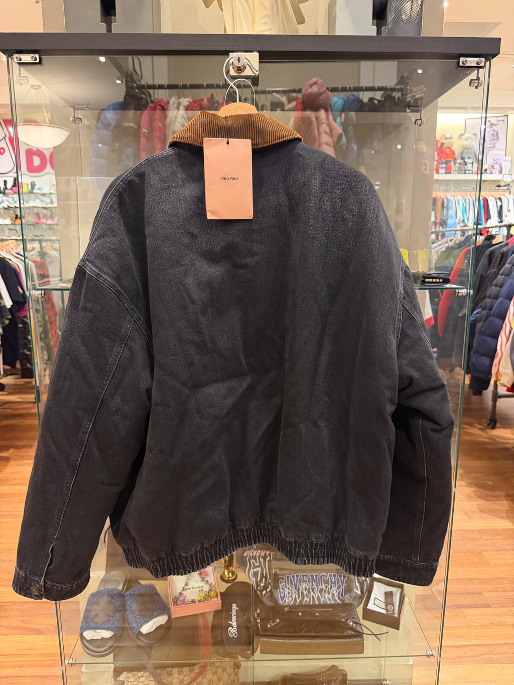 Miu Miu Corduroy Collar Padded Black Denim Work Jacket