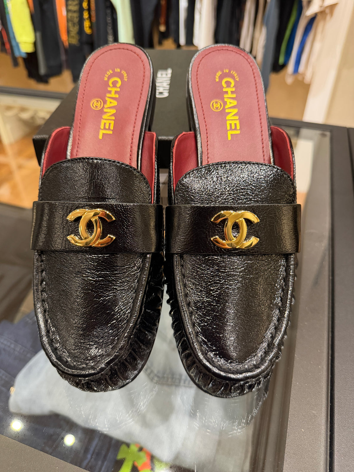 Chanel Shiny Crumpled CC Lambskin Mule - Black