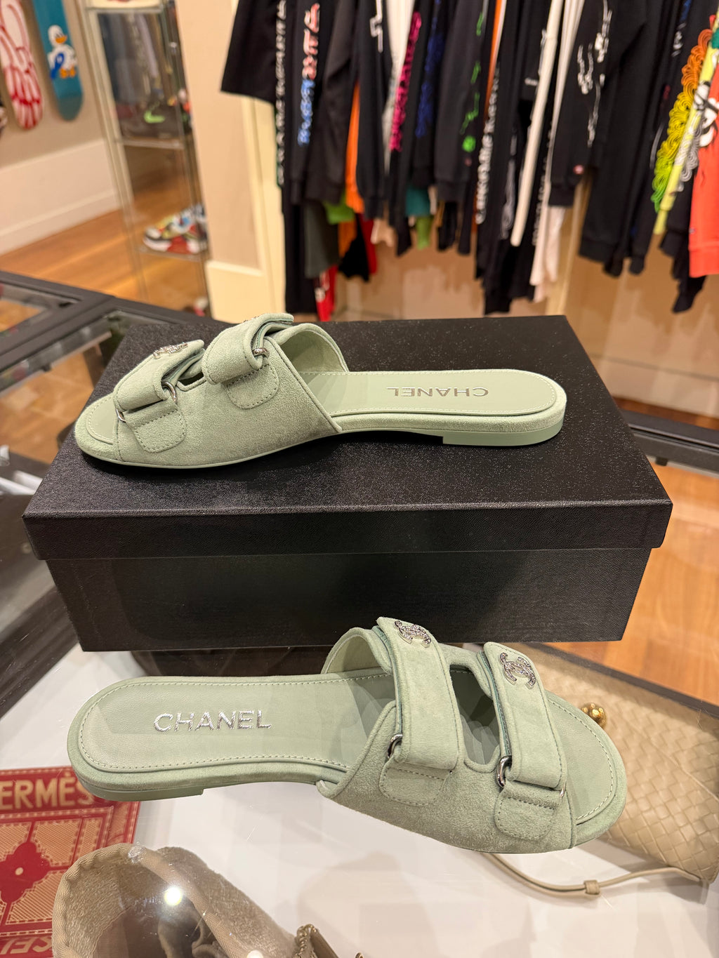 Chanel CC Rhinestone Sandals - Mint
