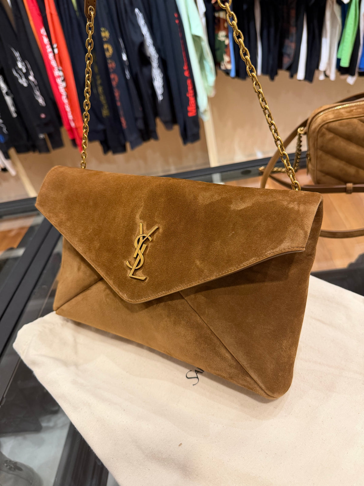 Saint Laurent Cassandre YSL Envelope Shoulder Bag - Camel Suede