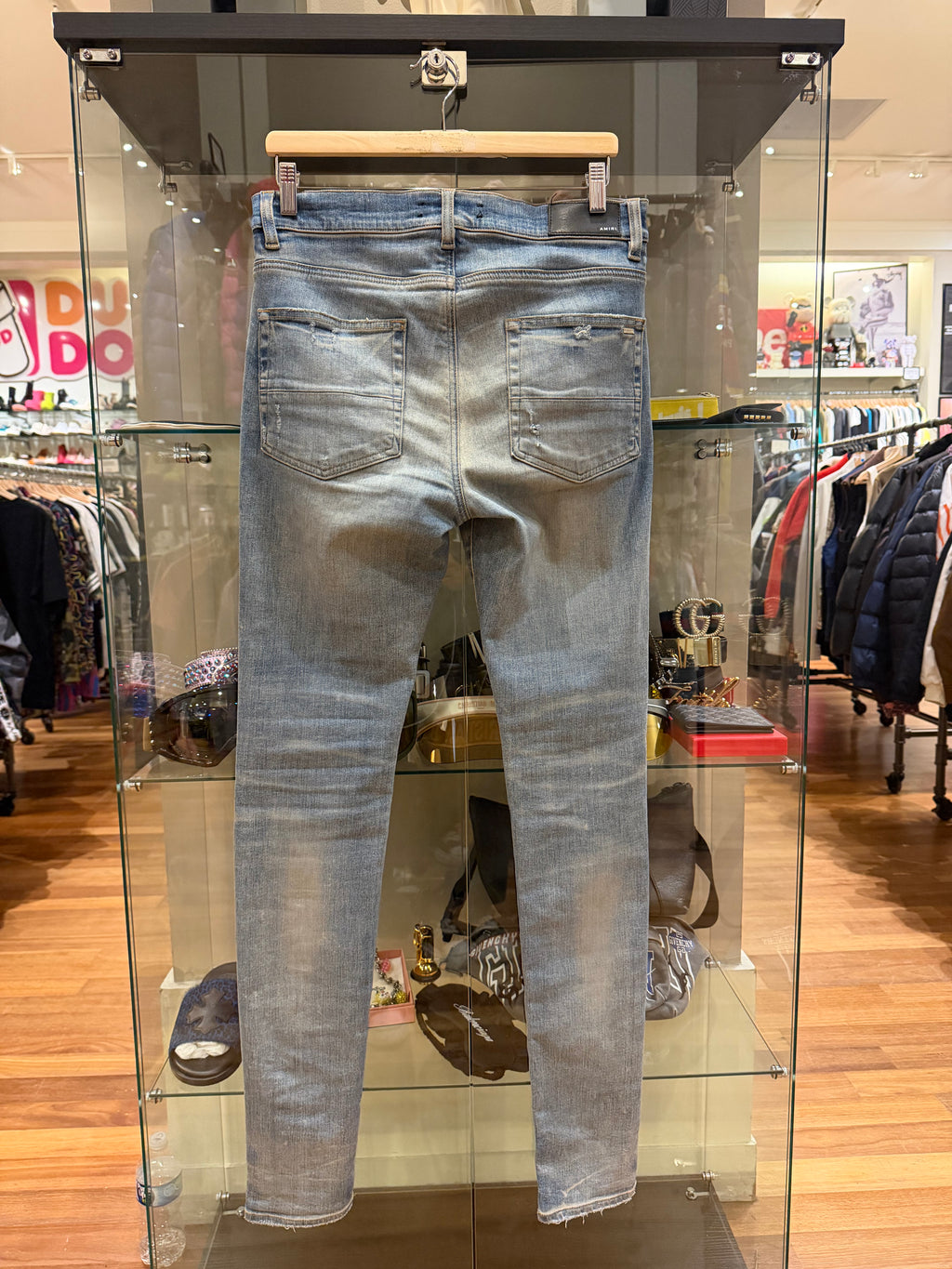 Amiri MX1 Distressed Skinny Jeans - Light Wash/Orange Patches