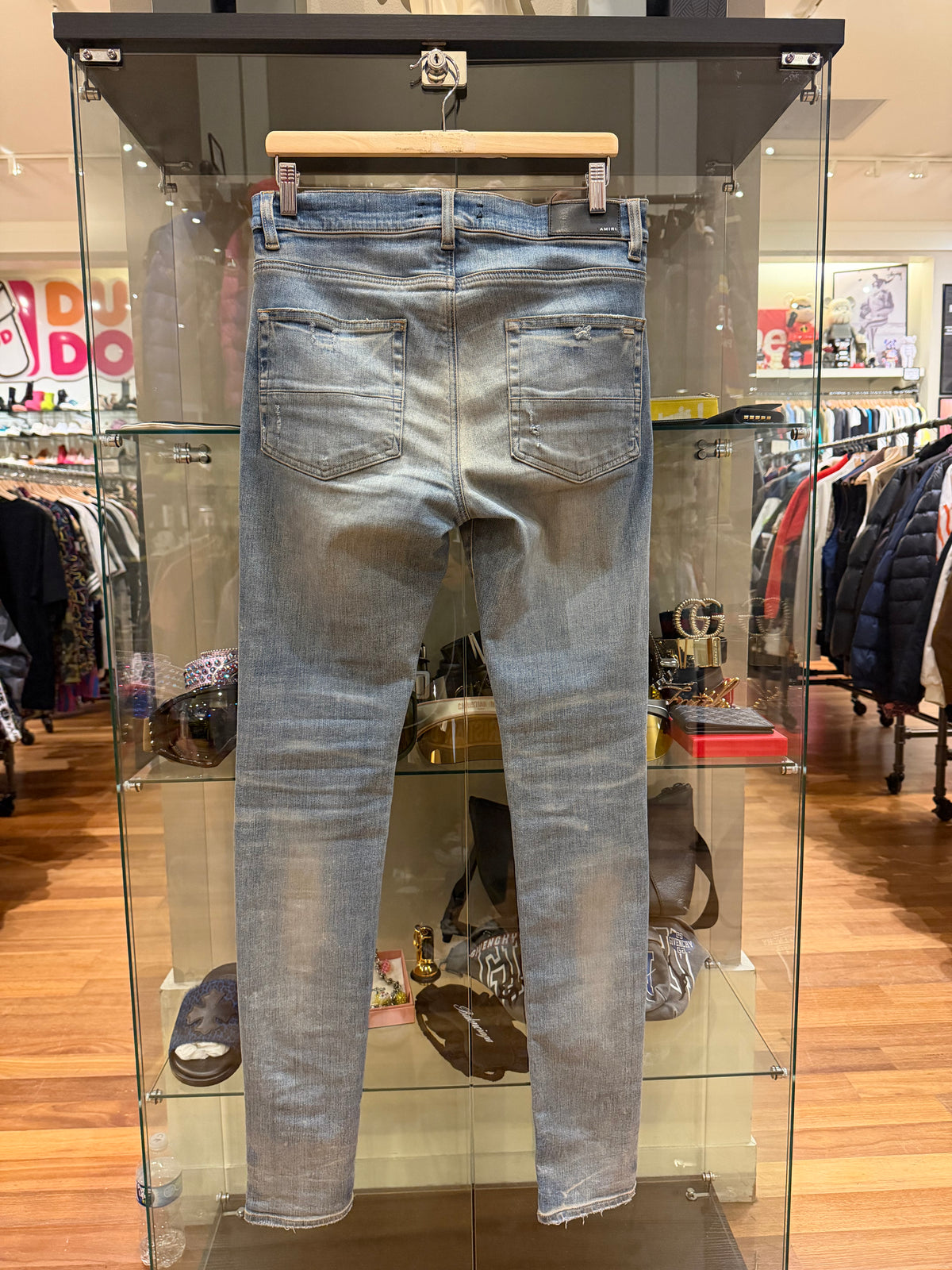 Amiri MX1 Distressed Skinny Jeans - Light Wash/Orange Patches
