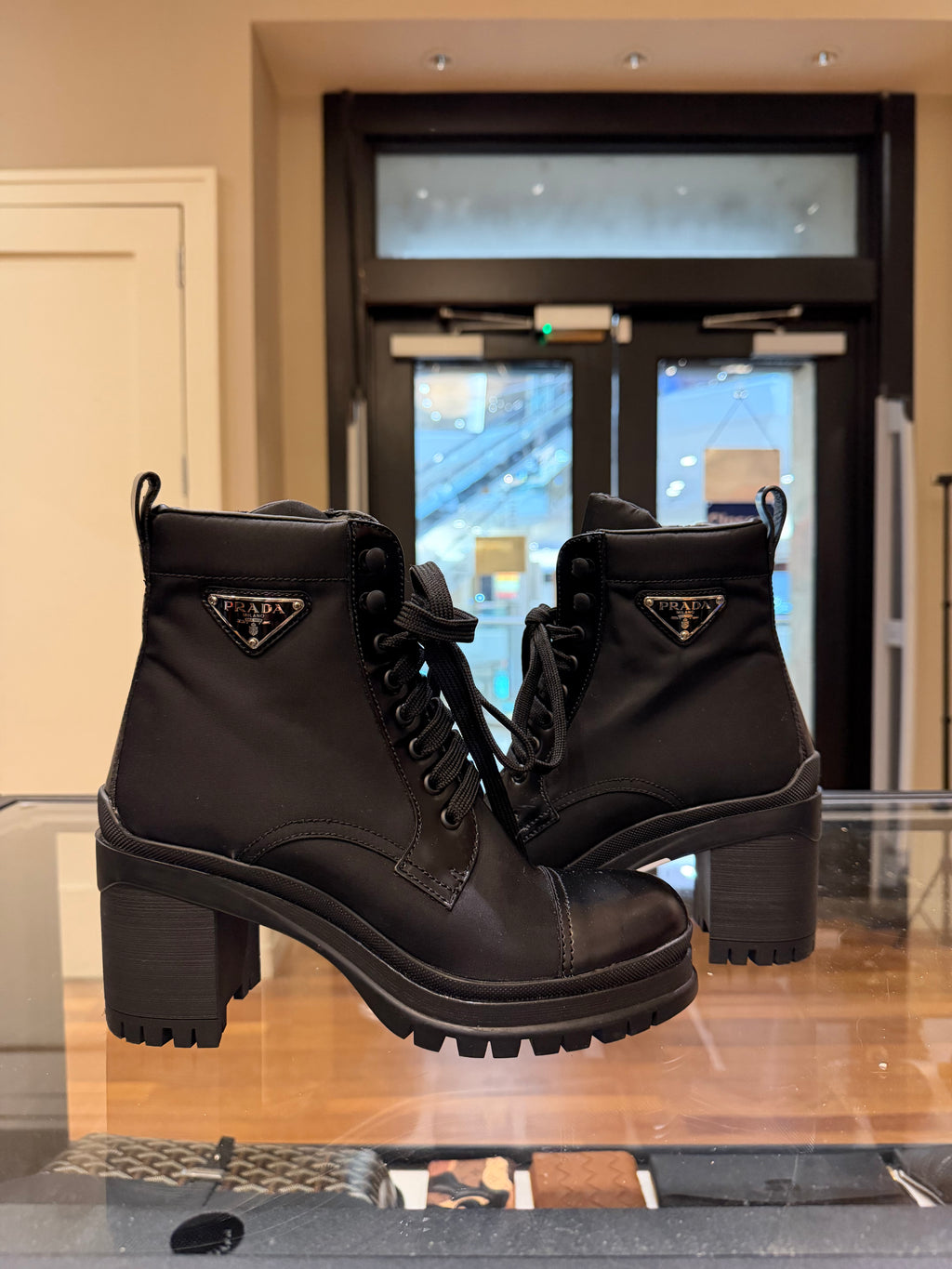 Prada Nylon Leather Block Heel Combat Boots - Black