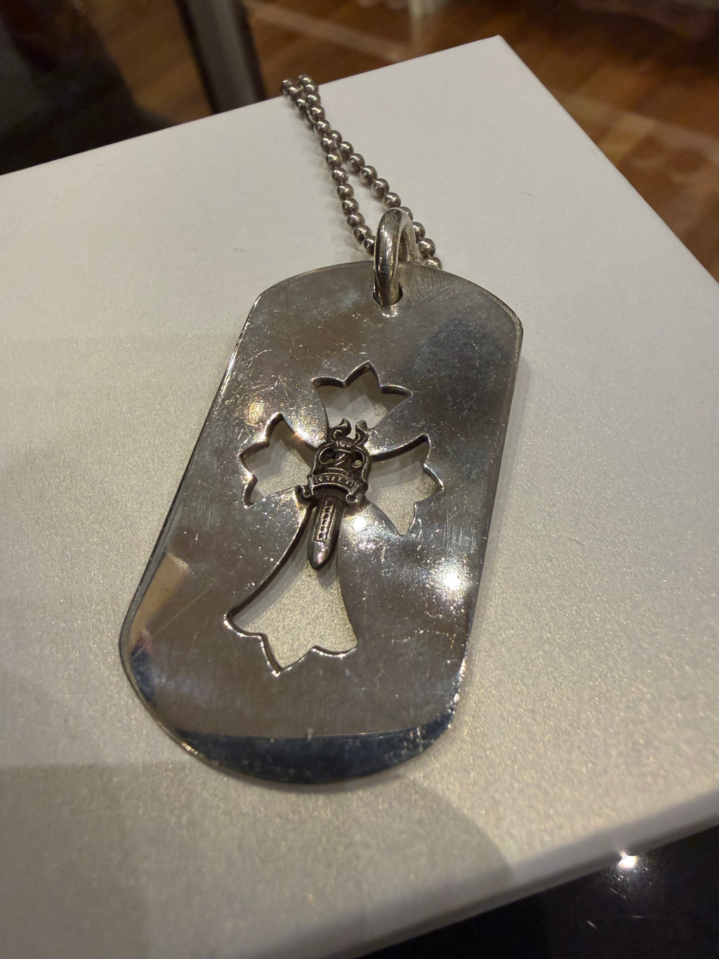 Chrome Hearts Cutout Cross & Dagger Dog Tag Necklace - Silver