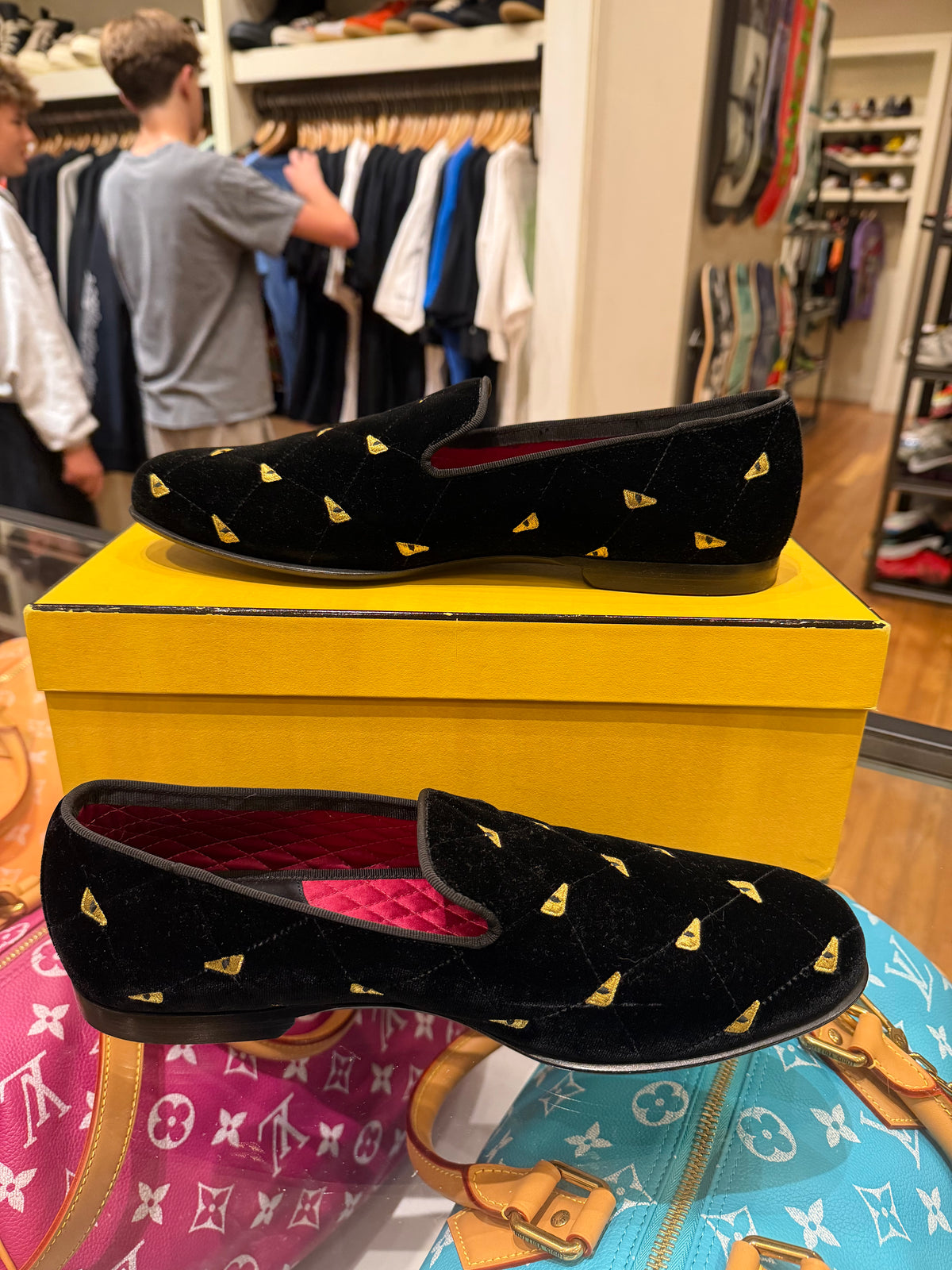 Fendi Velvet Eye Monster Motif Loafers