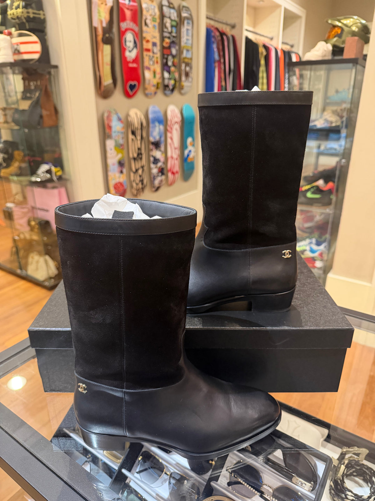Chanel Calfskin & Suede Mid Calf Boots