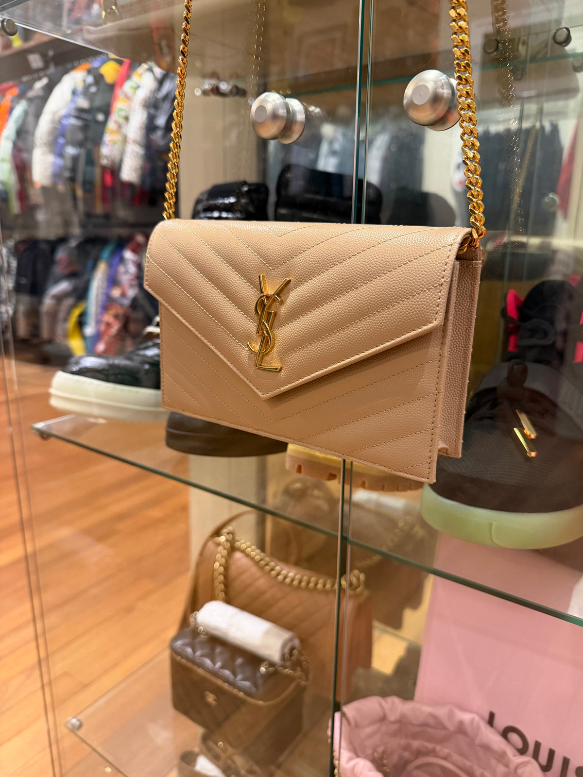 Saint Laurent Cassandre Chain Wallet - Dark beige