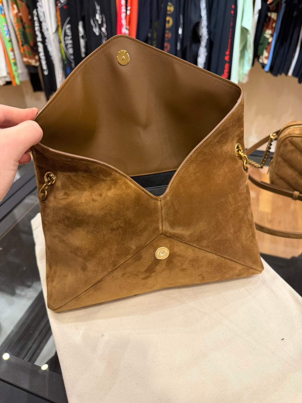 Saint Laurent Cassandre YSL Envelope Shoulder Bag - Camel Suede