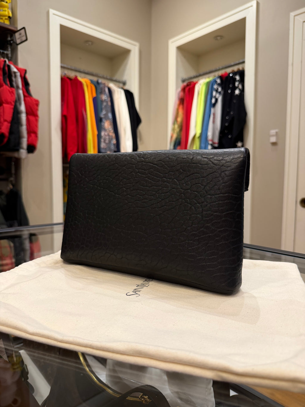 Saint Laurent Paris Envelope Clutch Bag In Engrained Calfskin Leather