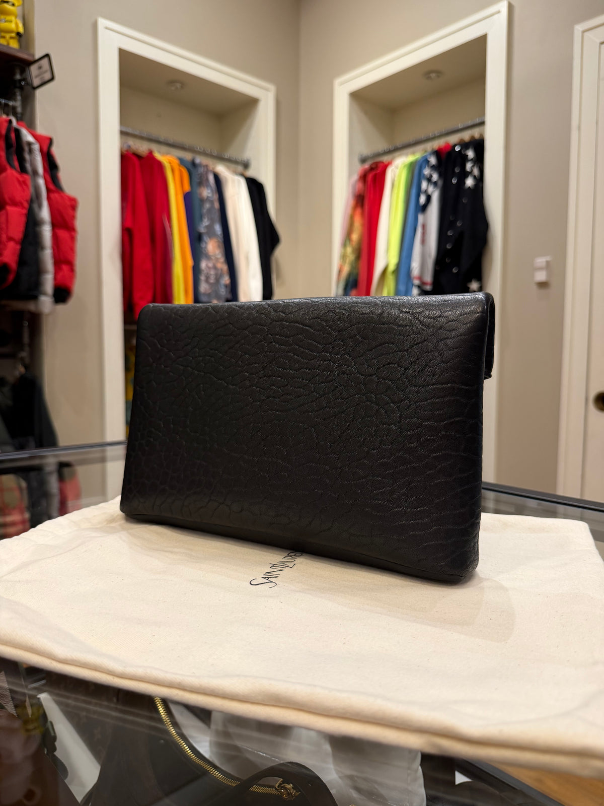Saint Laurent Paris Envelope Clutch Bag In Engrained Calfskin Leather