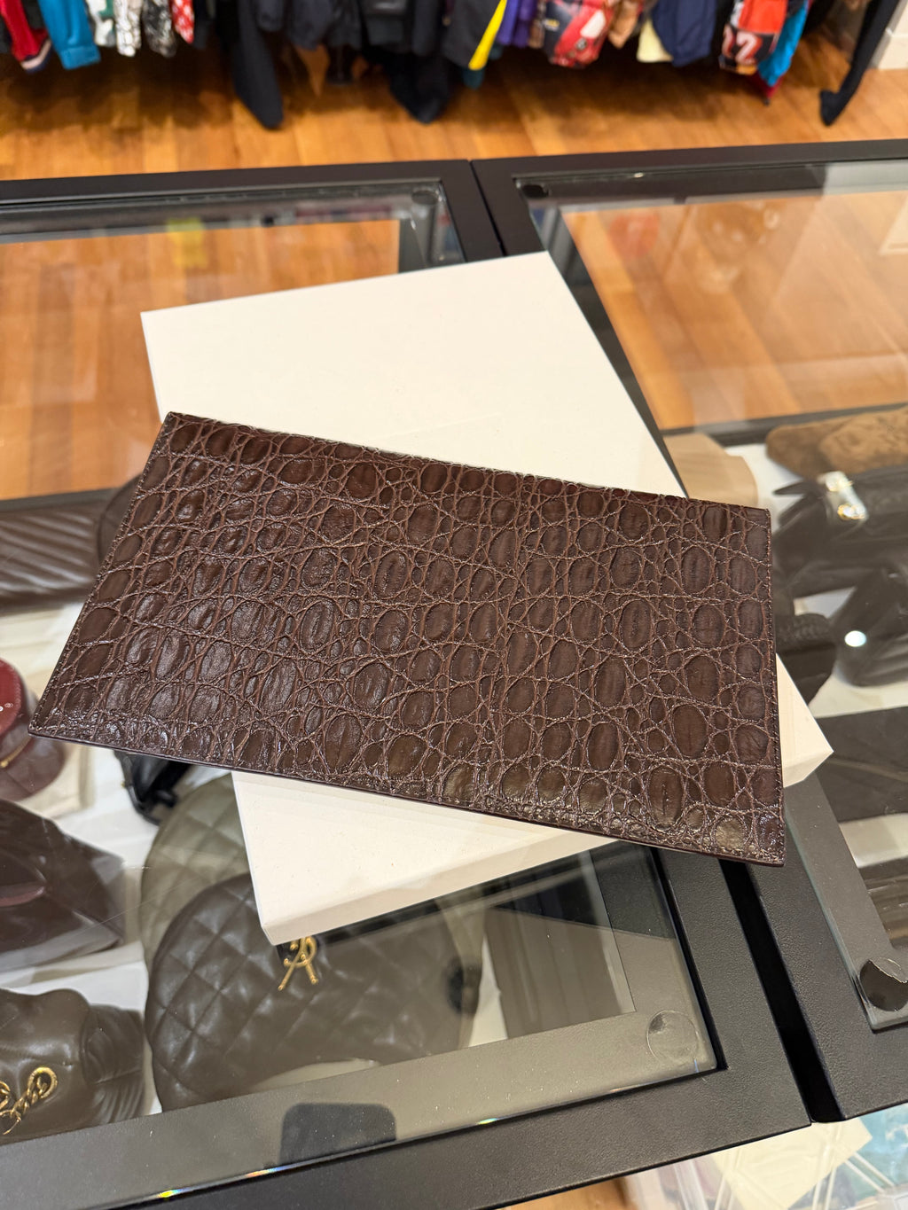 Saint Laurent Paris Embossed Crocodile Leather Pochette - Brown