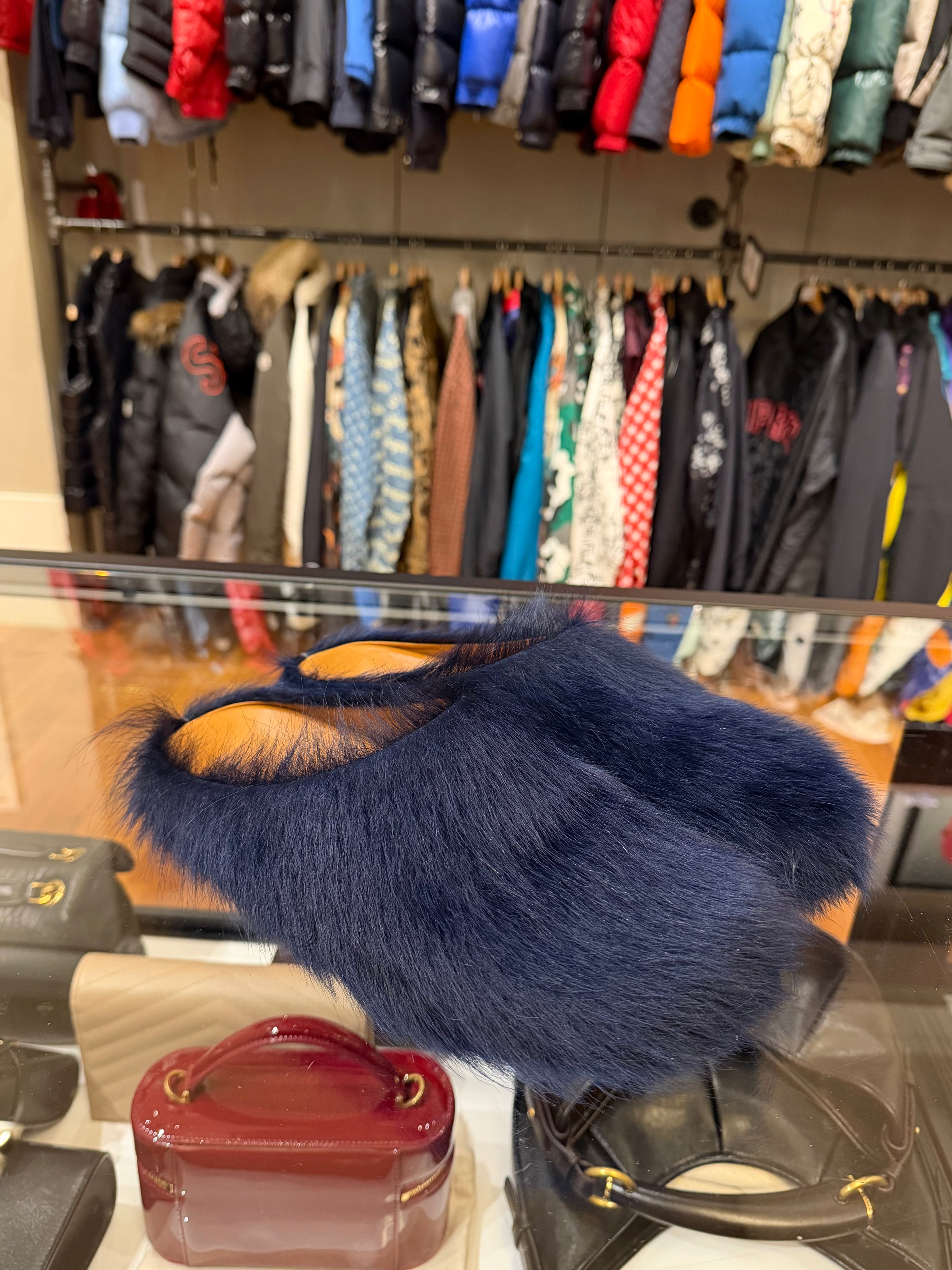 Marni Blue Fuzzy Slides