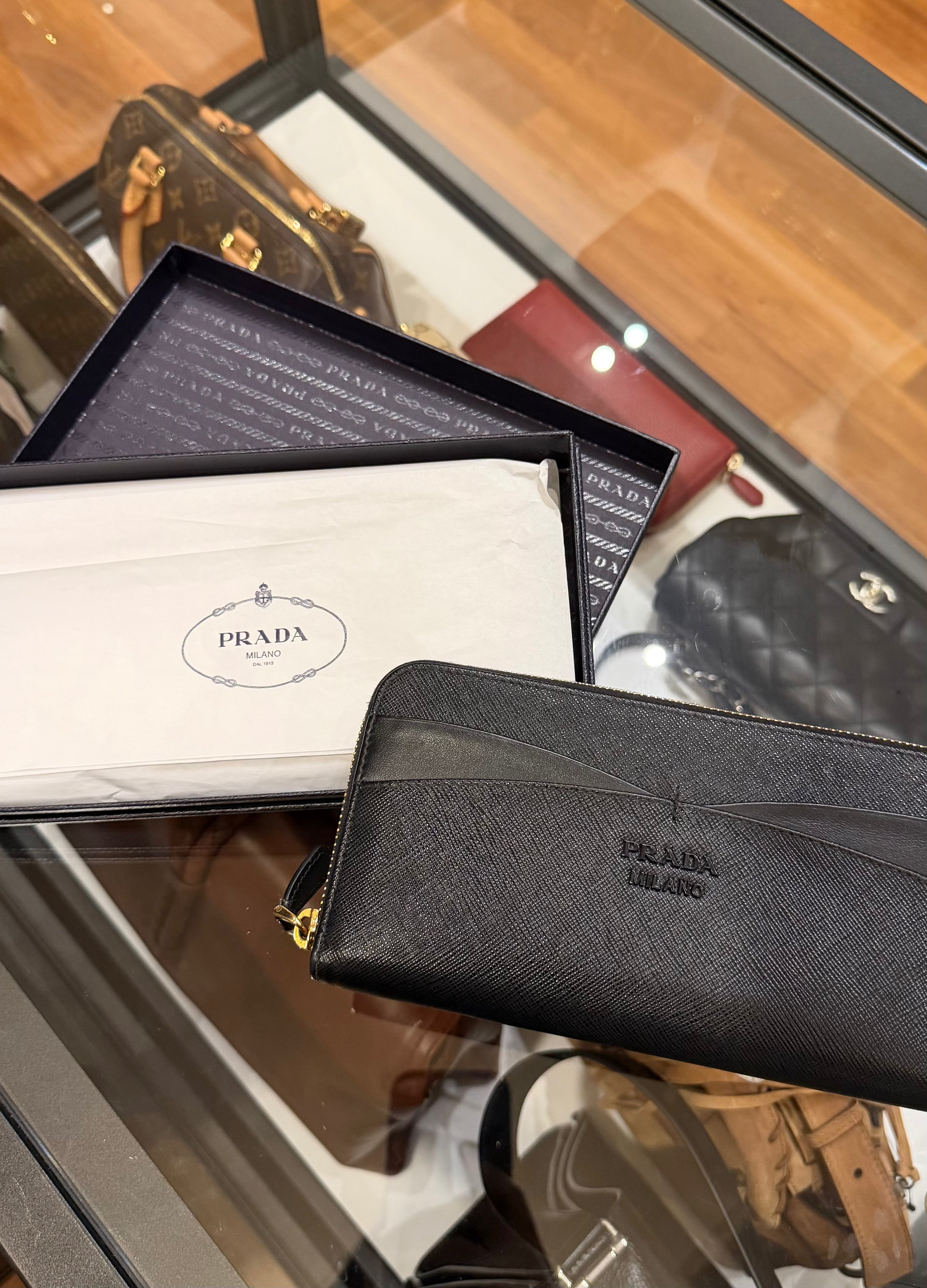 Prada Saffiano Long Zip Black Wallet