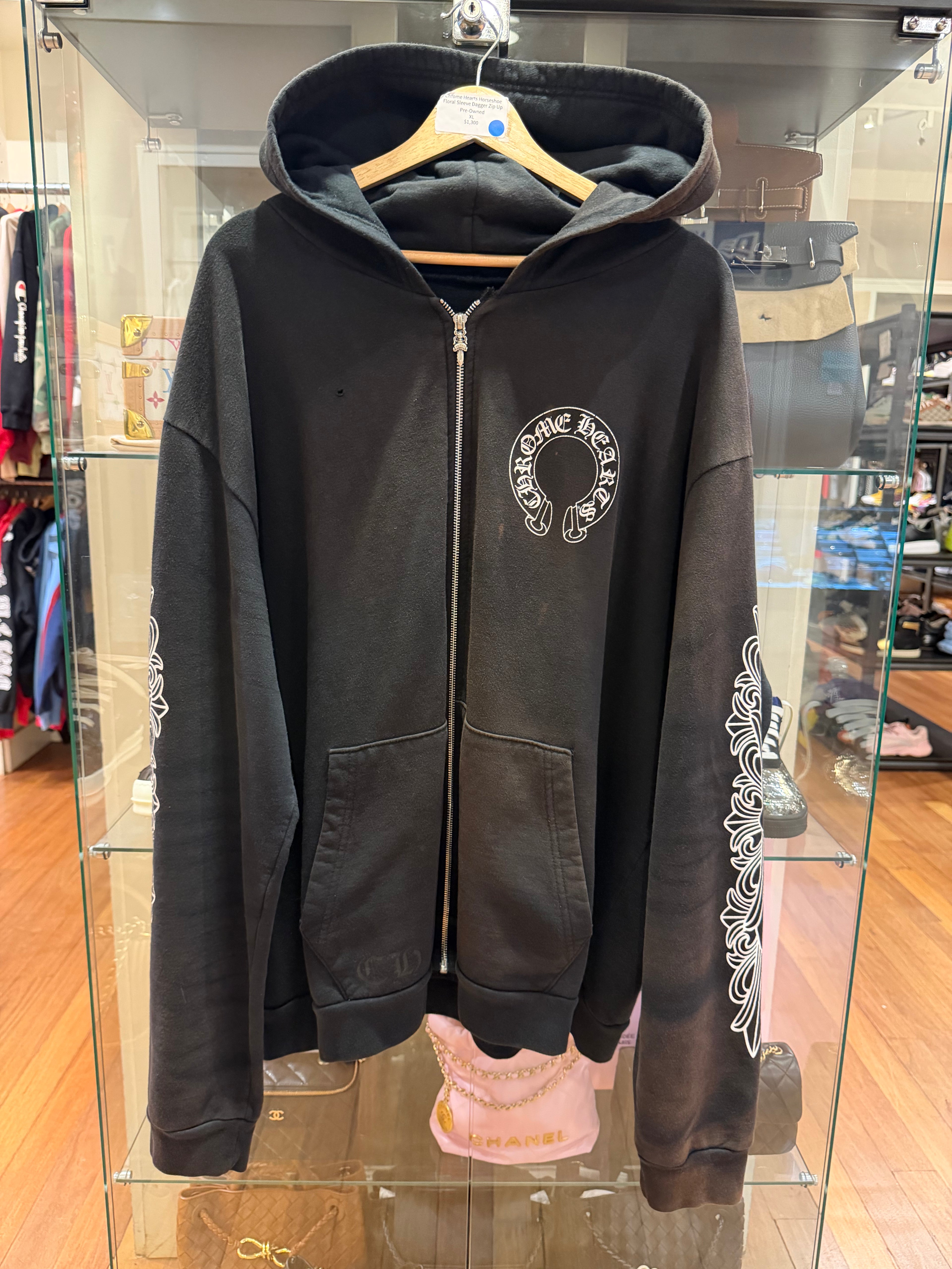 Chrome Hearts Horseshoe Floral Sleeve Dagger Zip Up Hoodie - Black