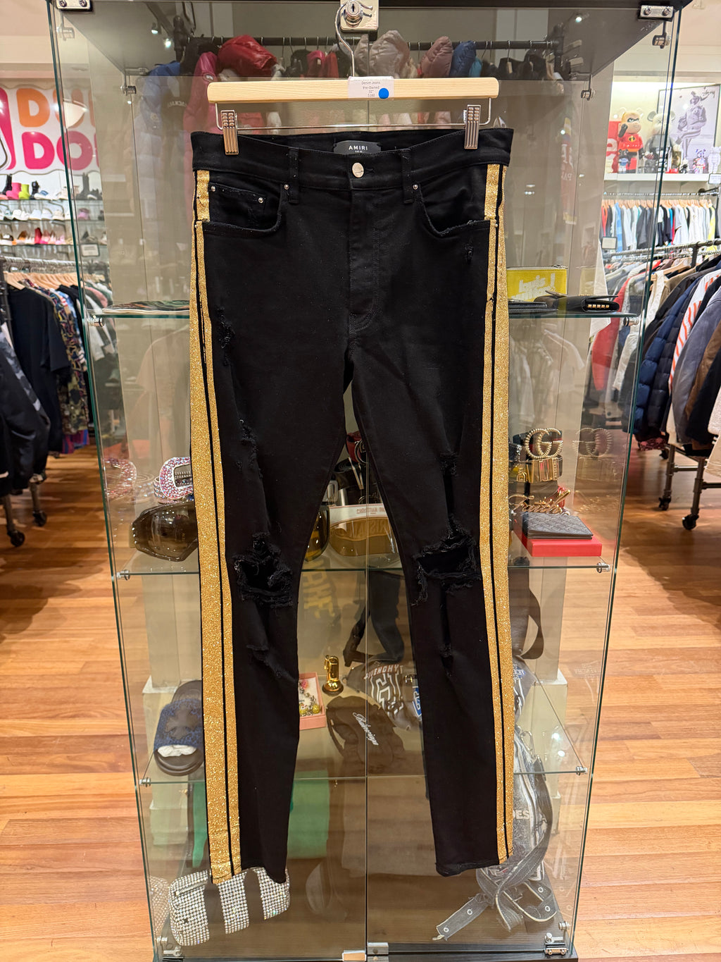 Amiri Gold Glitter Track Denim Jeans