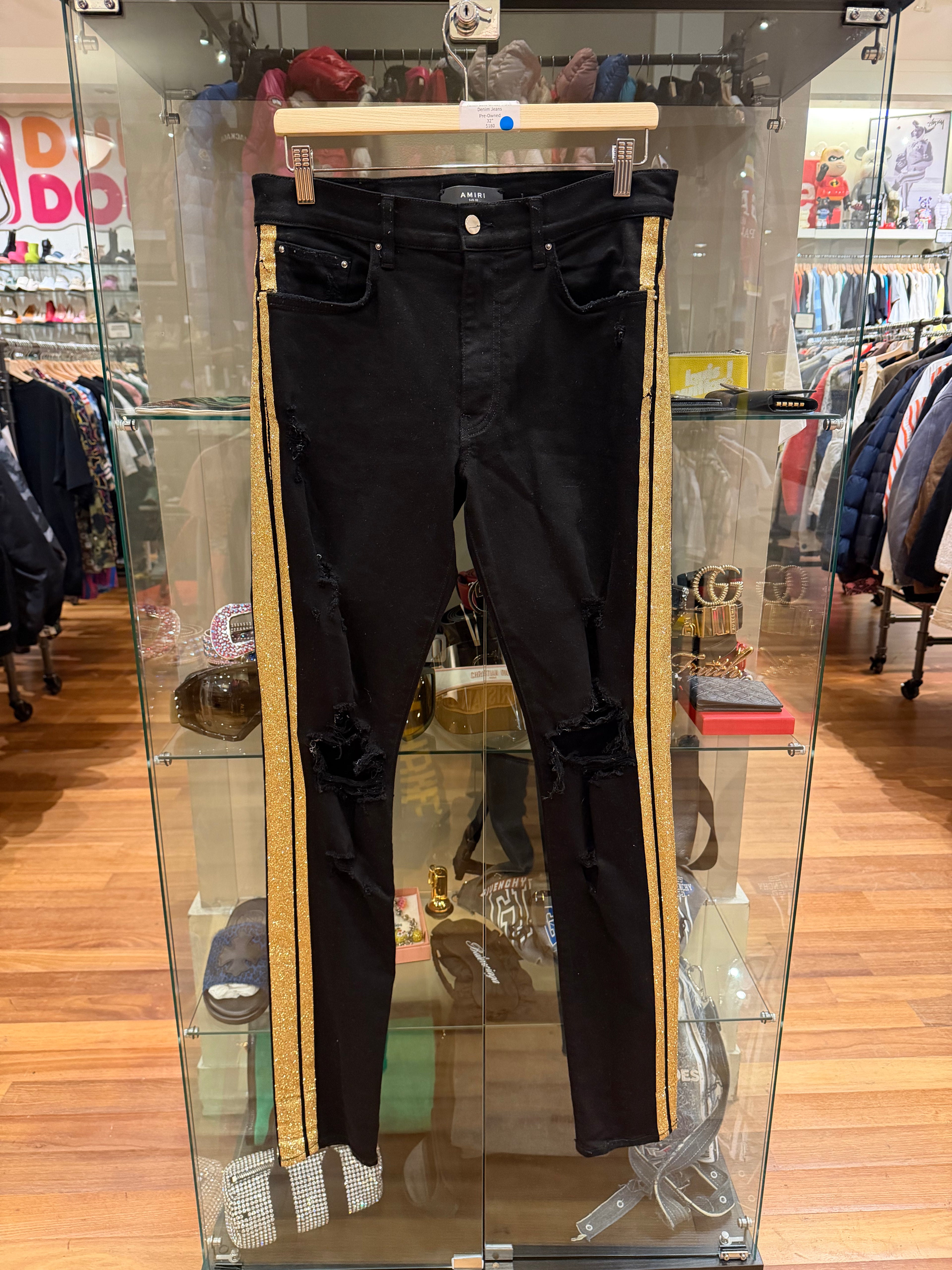 Amiri Gold Glitter Track Denim Jeans