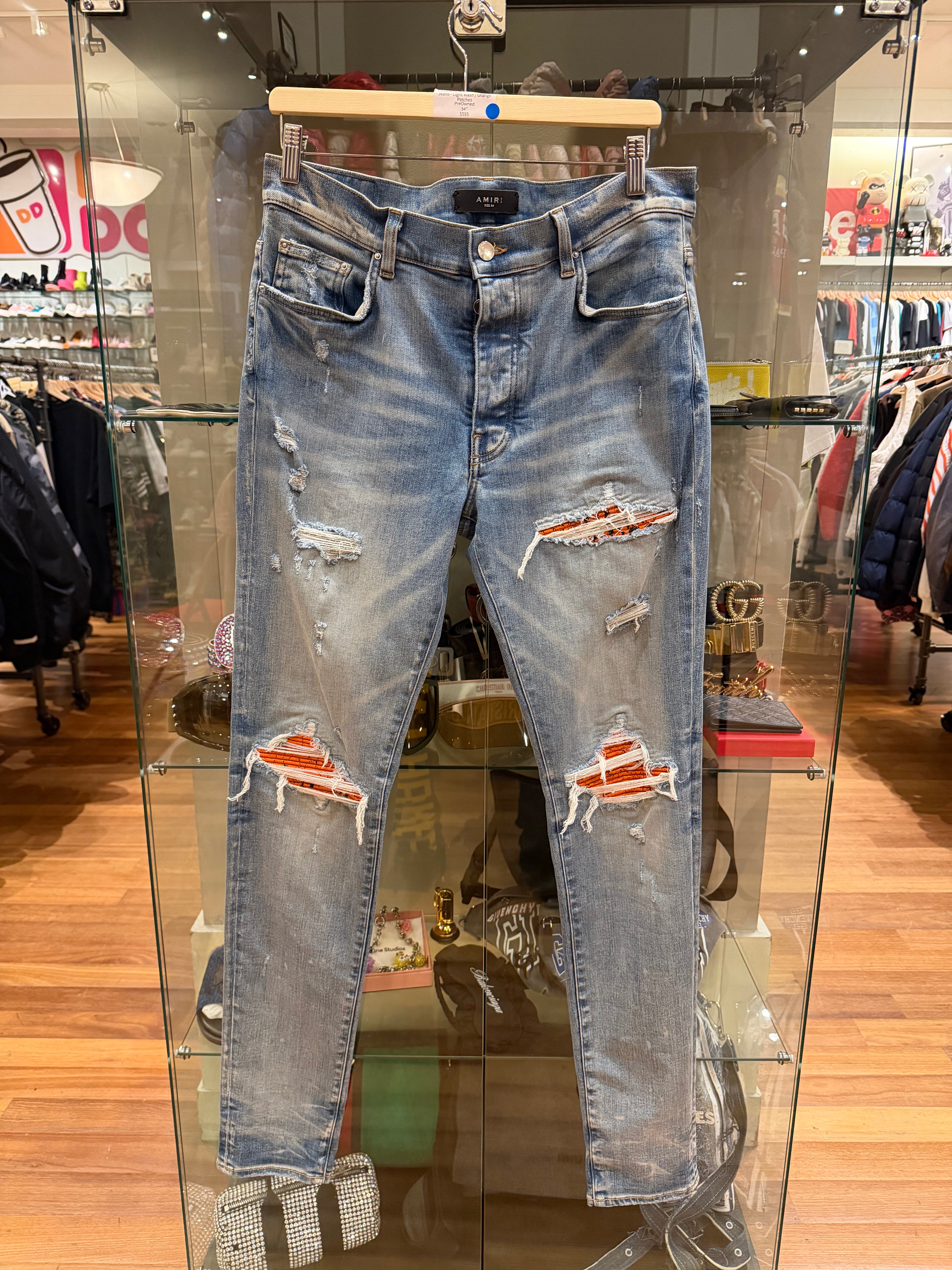 Amiri MX1 Distressed Skinny Jeans - Light Wash/Orange Patches