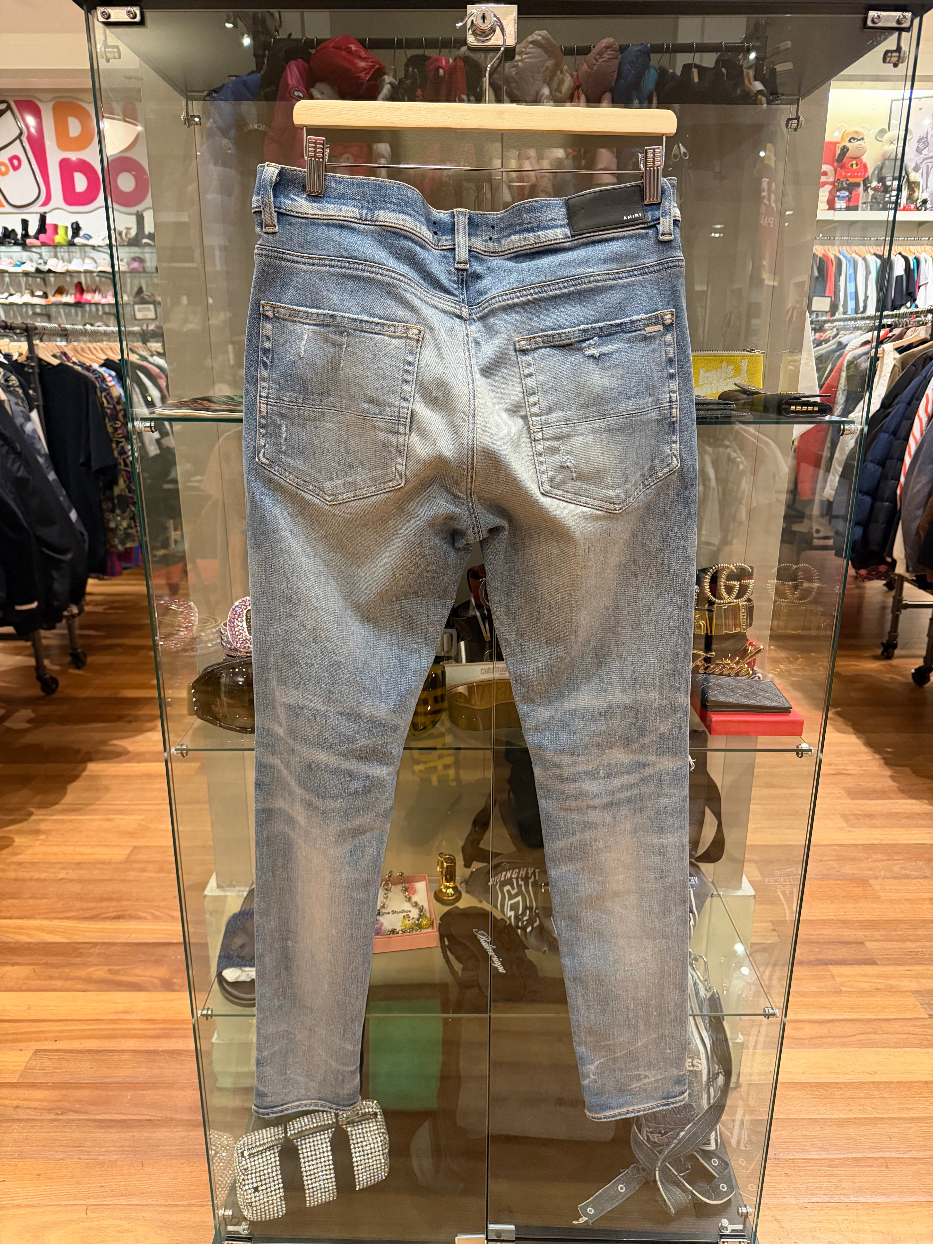 Amiri MX1 Distressed Skinny Jeans - Light Wash/Orange Patches