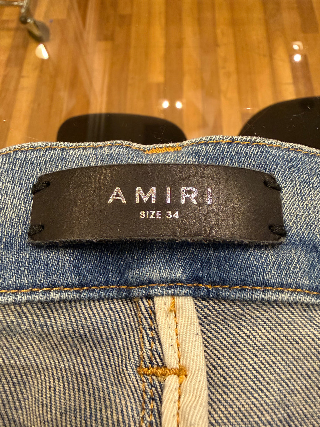 Amiri MX1 Distressed Skinny Jeans - Light Wash/Orange Patches