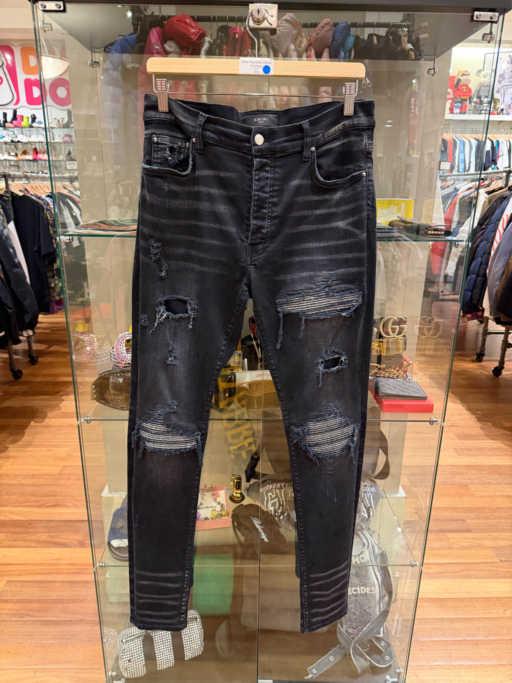 Amiri MX1 Distressed Skinny Jeans- Navy/Glitter Patches