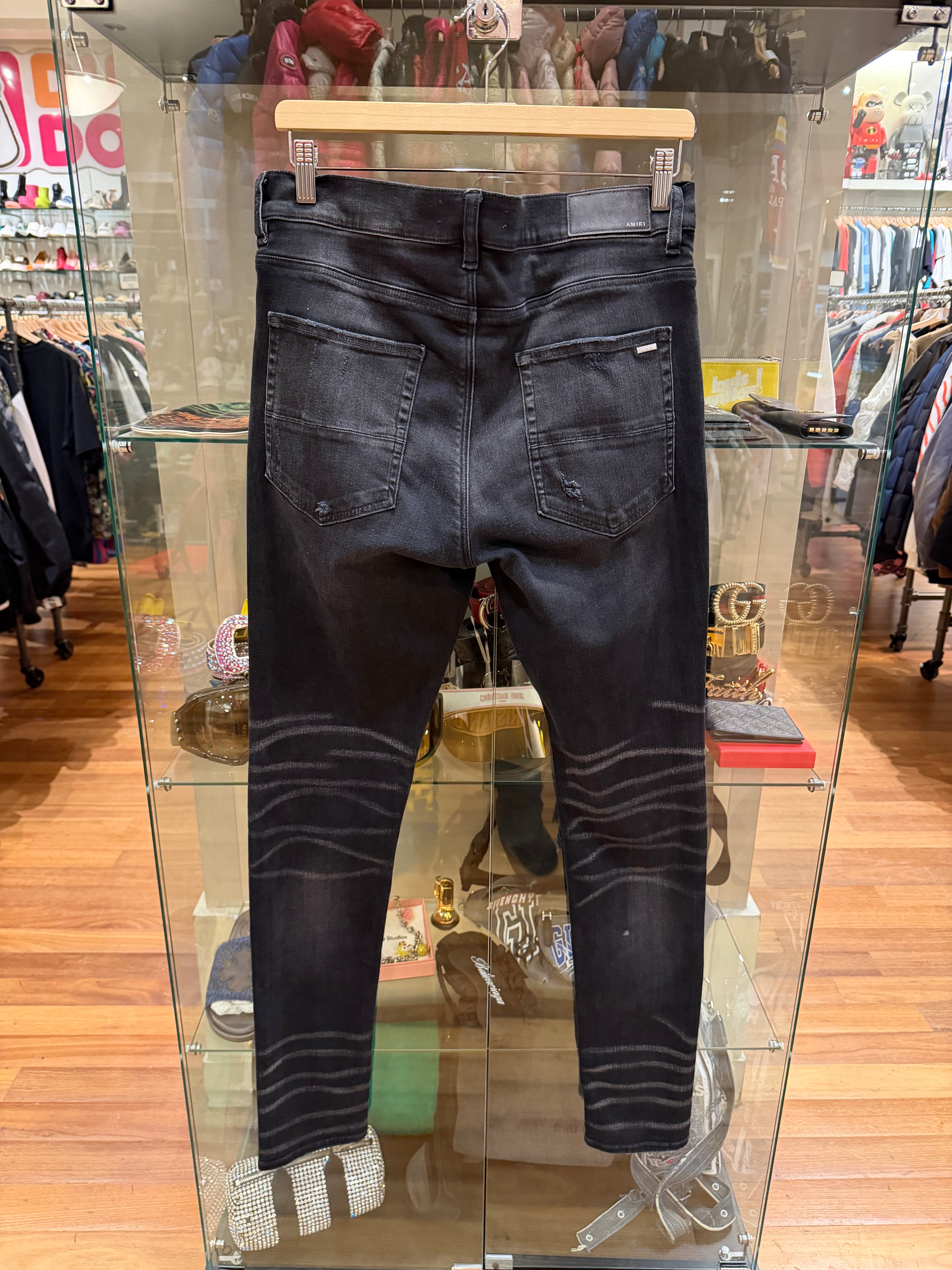 Amiri MX1 Distressed Skinny Jeans- Navy/Glitter Patches