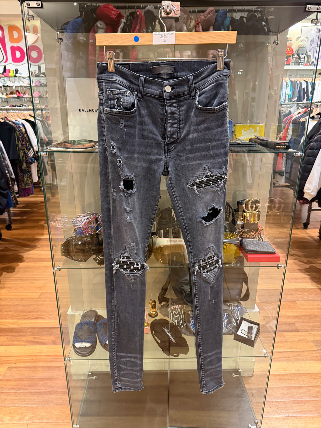 Amiri MX1 Playboy Distressed Skinny Jeans- Grey/Playboy Pacthes