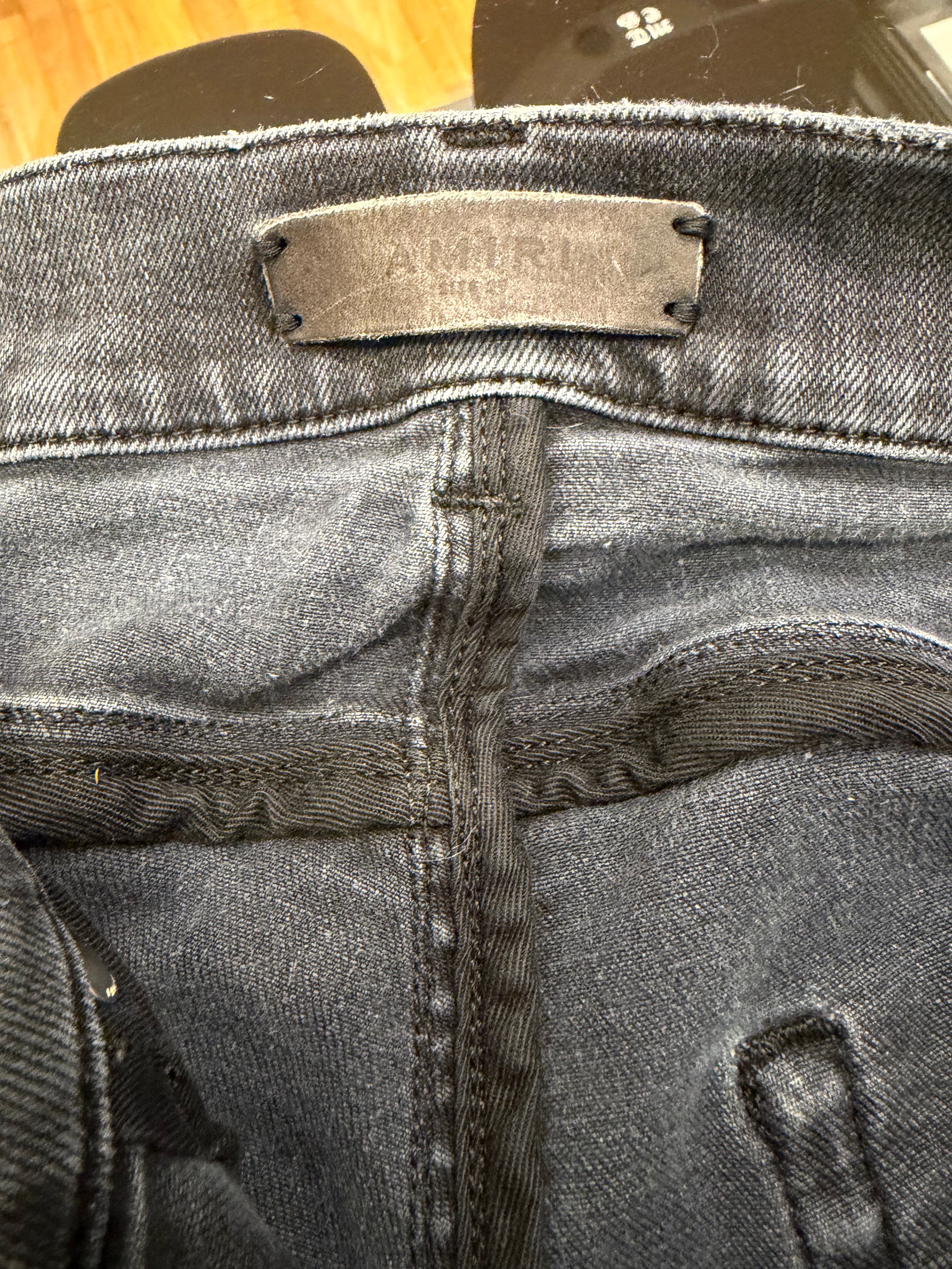 Amiri MX1 Playboy Distressed Skinny Jeans- Grey/Playboy Pacthes