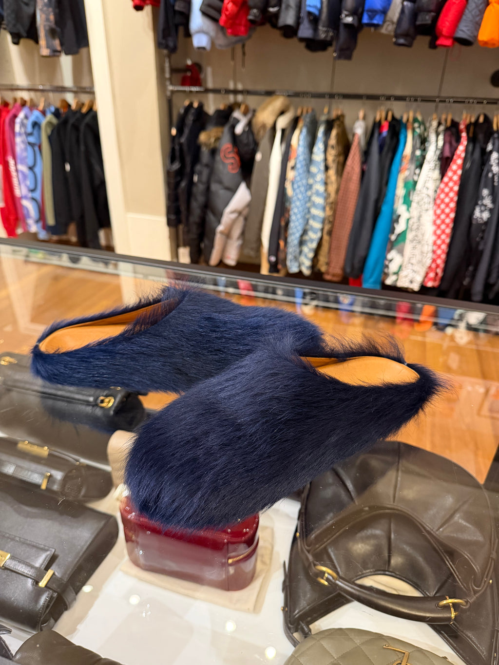 Marni Blue Fuzzy Slides