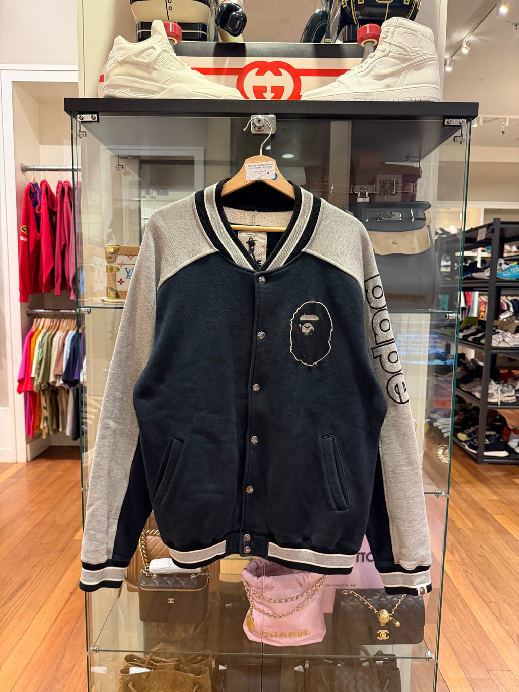Bape Ape Head Logo Sweat Varsity Jacket - Navy/Grey