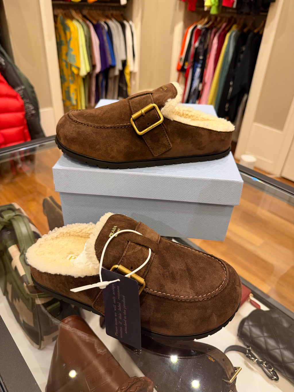 Prada Shearling-Lined Suede Mules