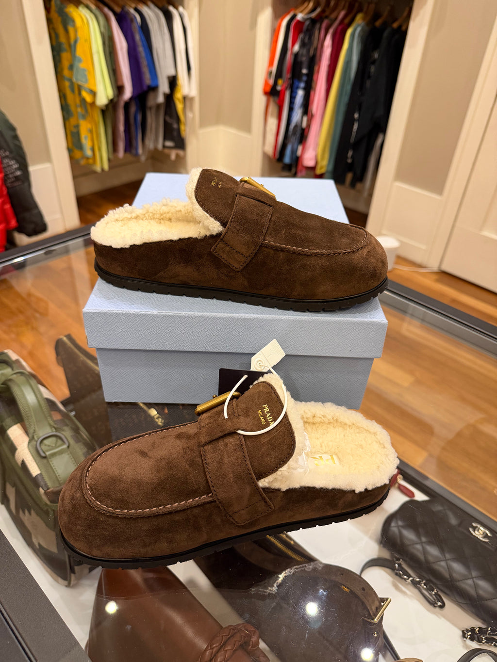 Prada Shearling-Lined Suede Mules