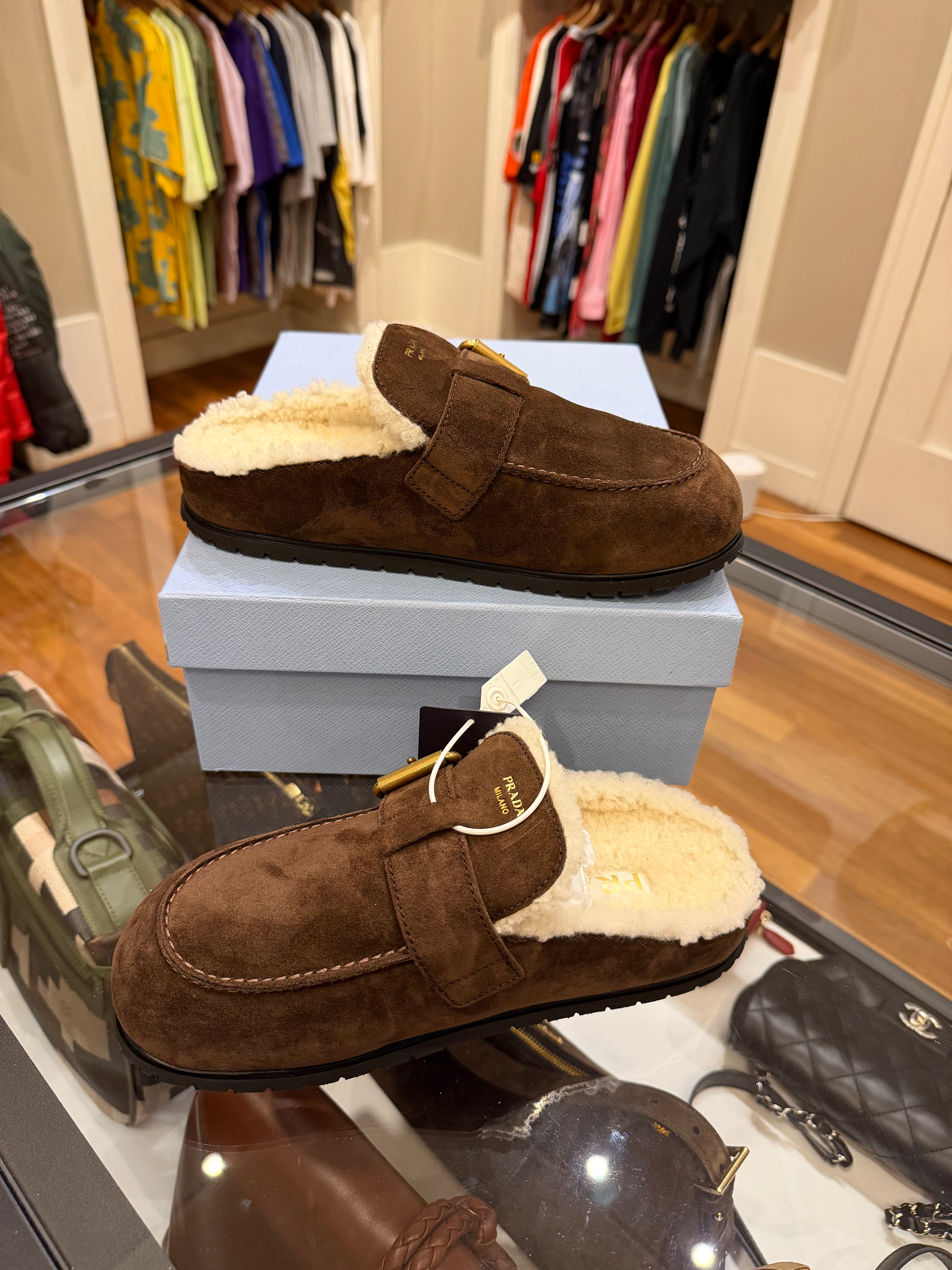 Prada Shearling-Lined Suede Mules