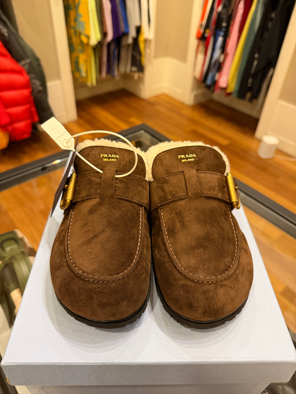 Prada Shearling-Lined Suede Mules