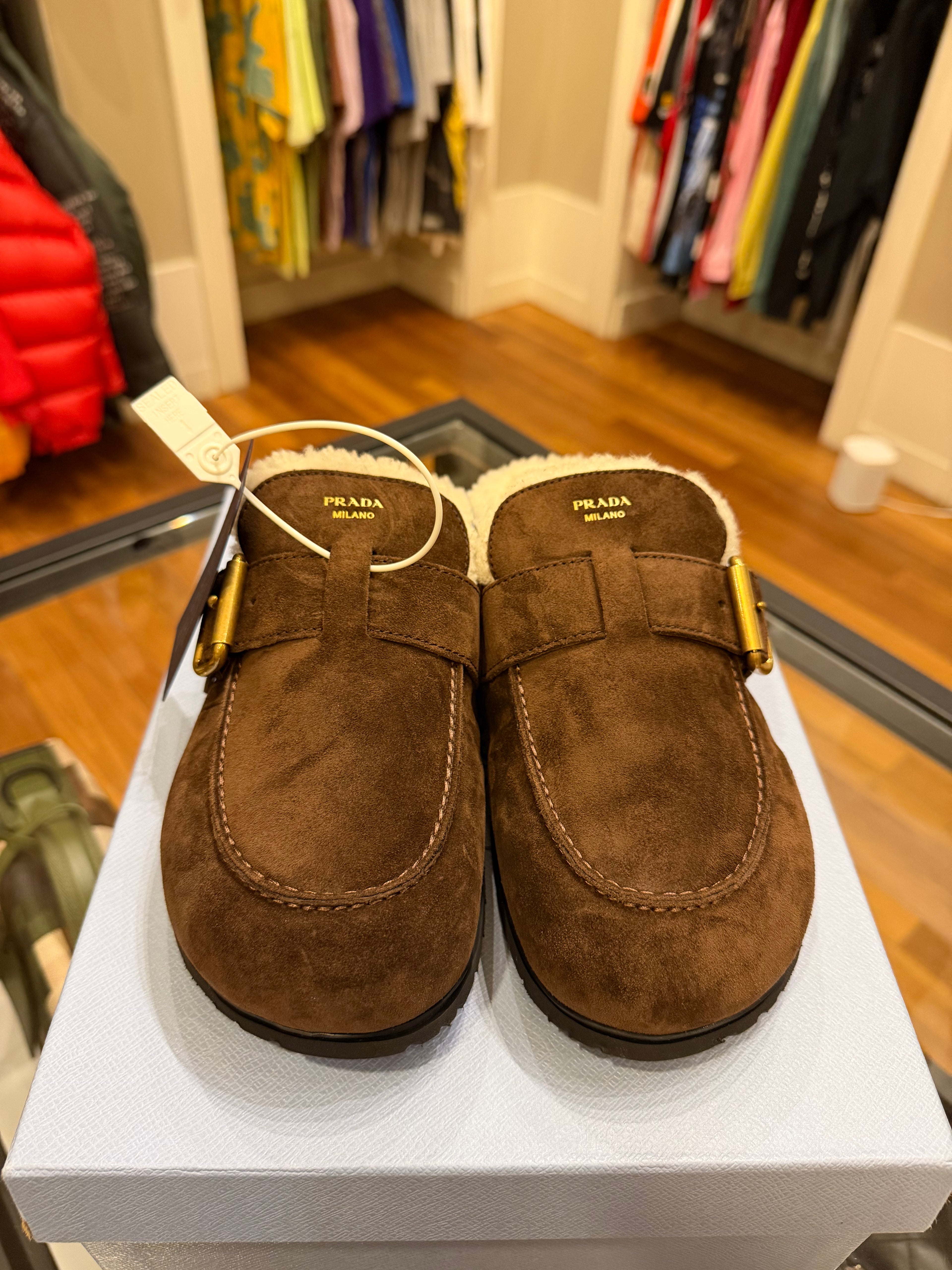 Prada Shearling-Lined Suede Mules