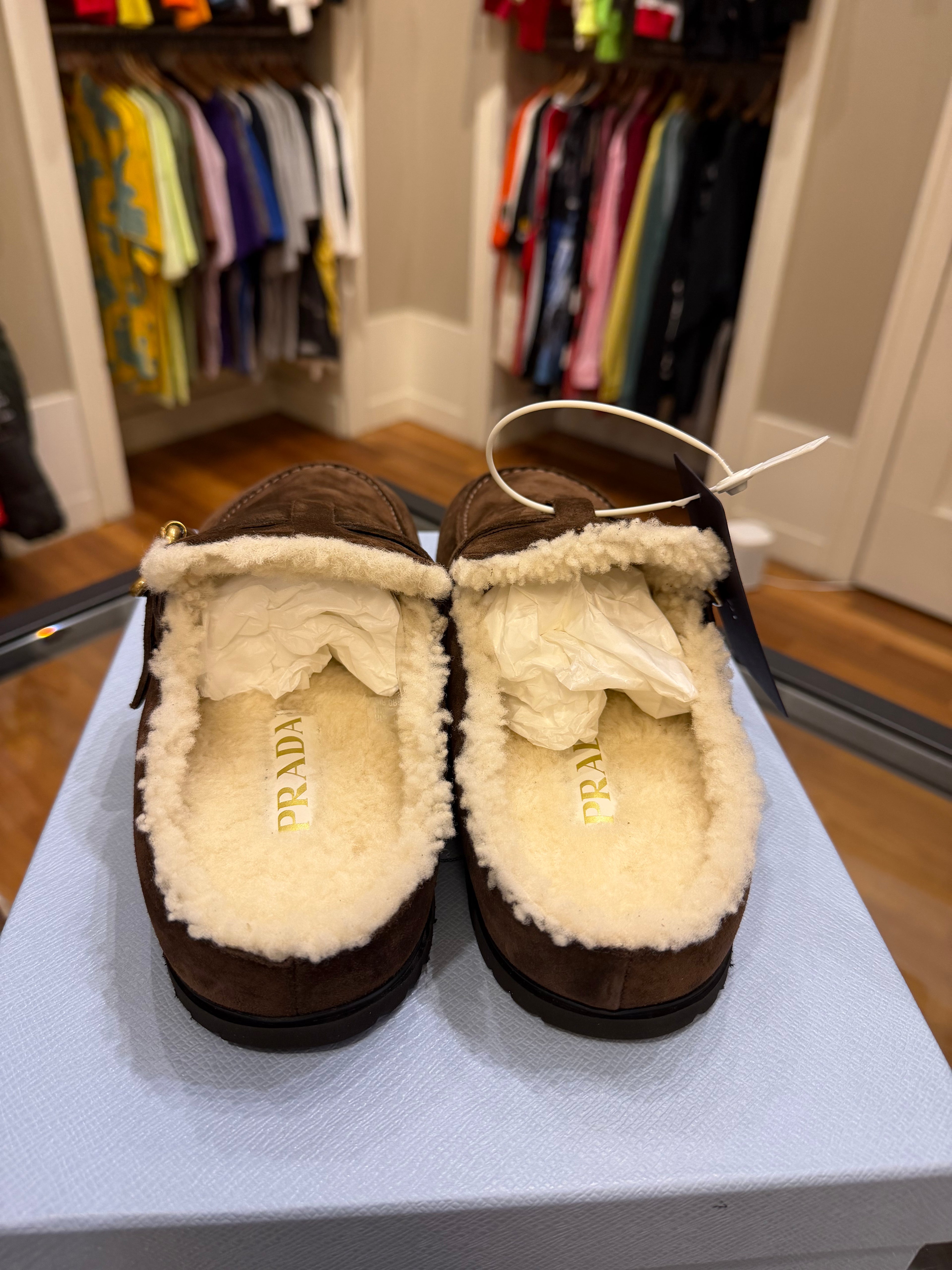 Prada Shearling-Lined Suede Mules