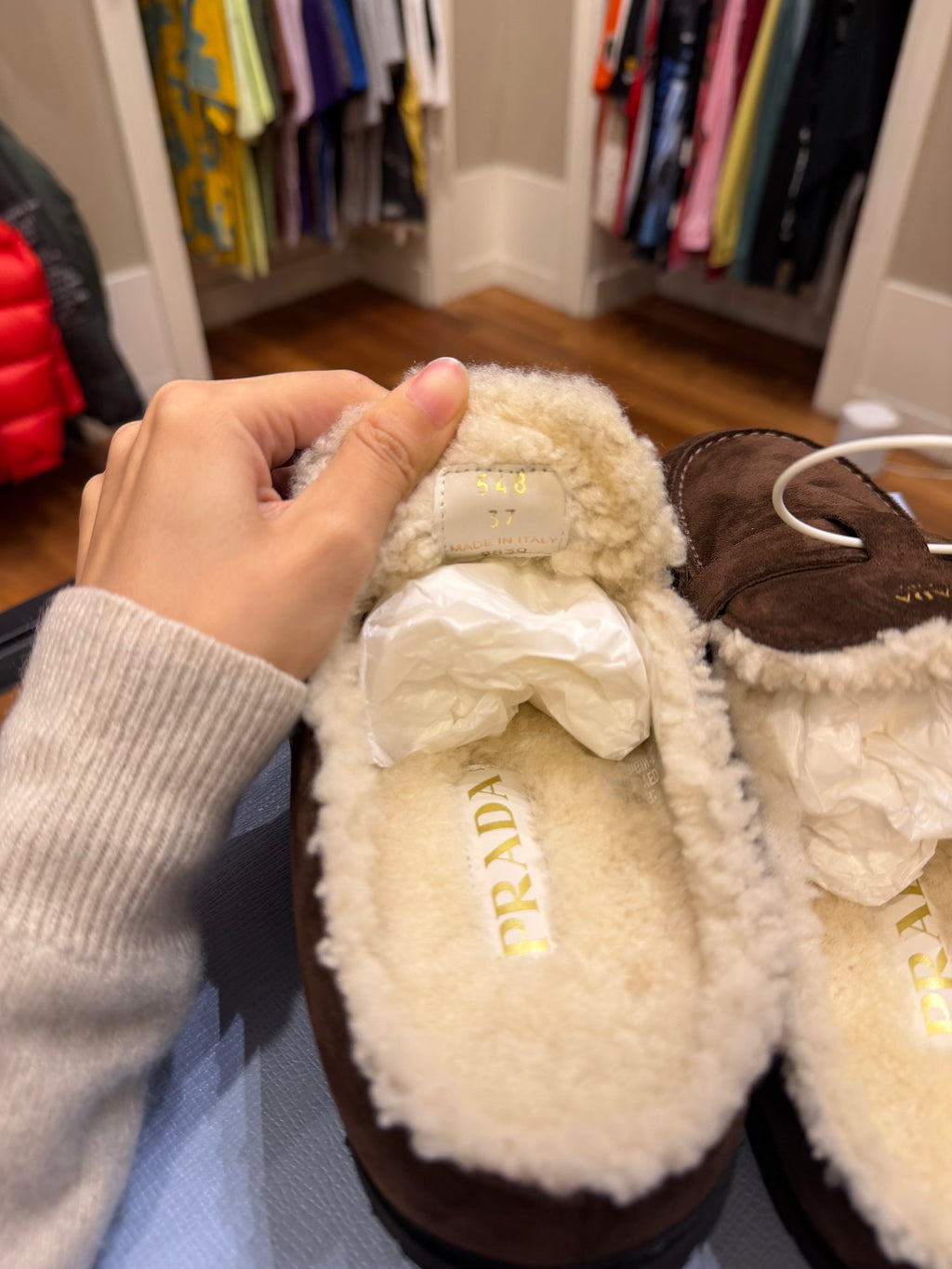 Prada Shearling-Lined Suede Mules