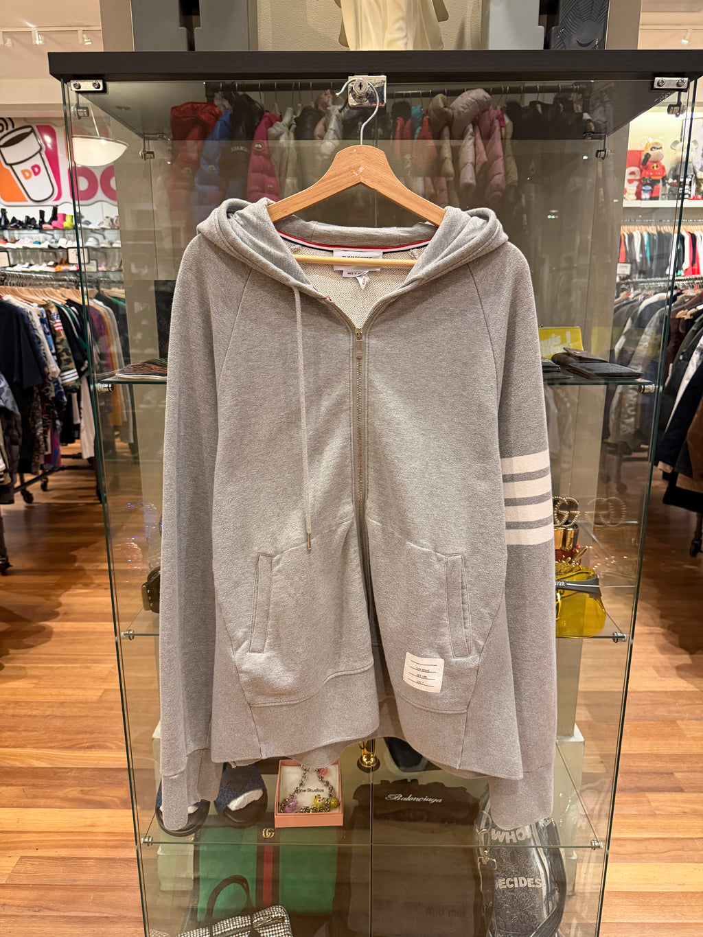 Thom Browne 4-Bar Zip Up Hoodie- Gray